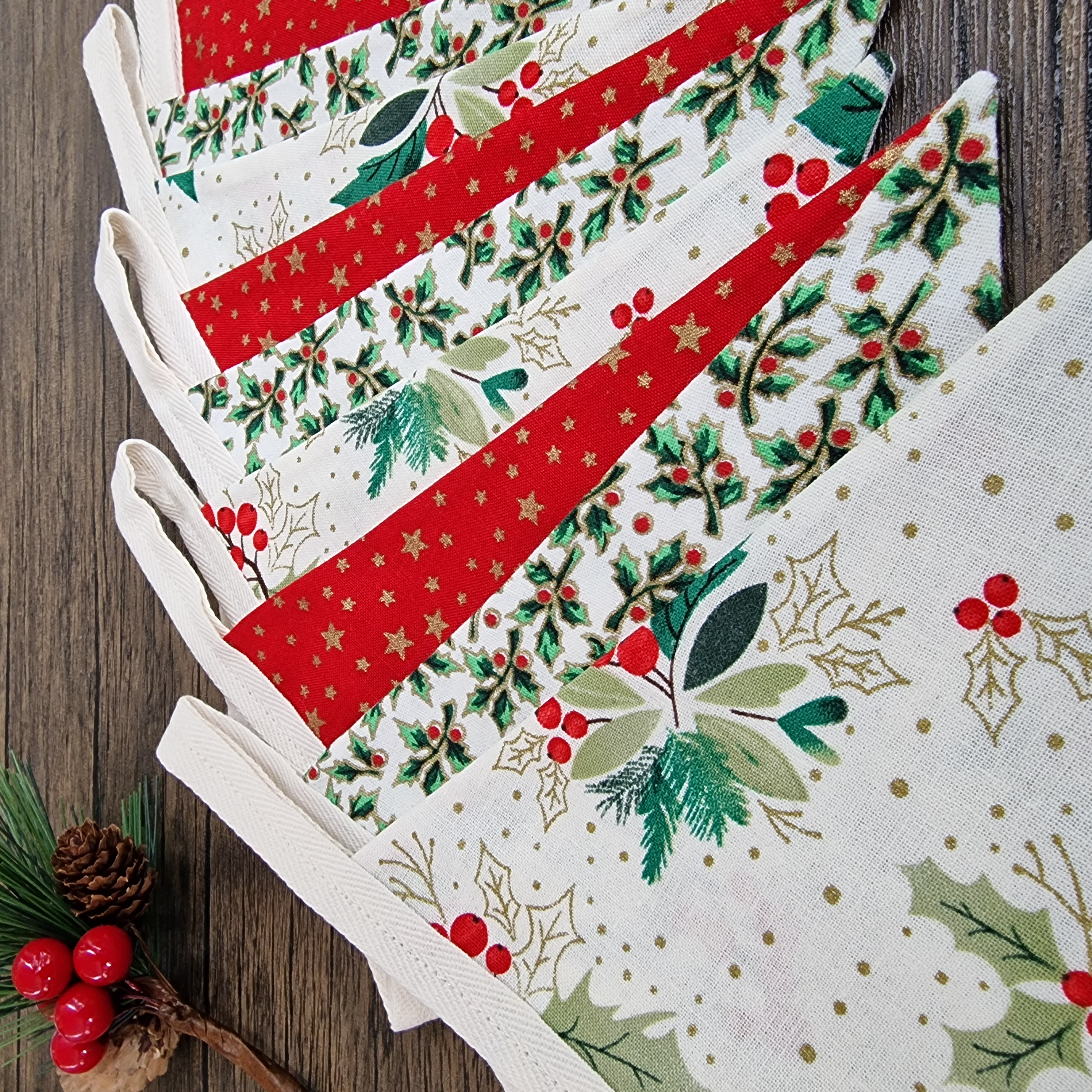 Christmas Bunting - Red Ivory Gold Holly design