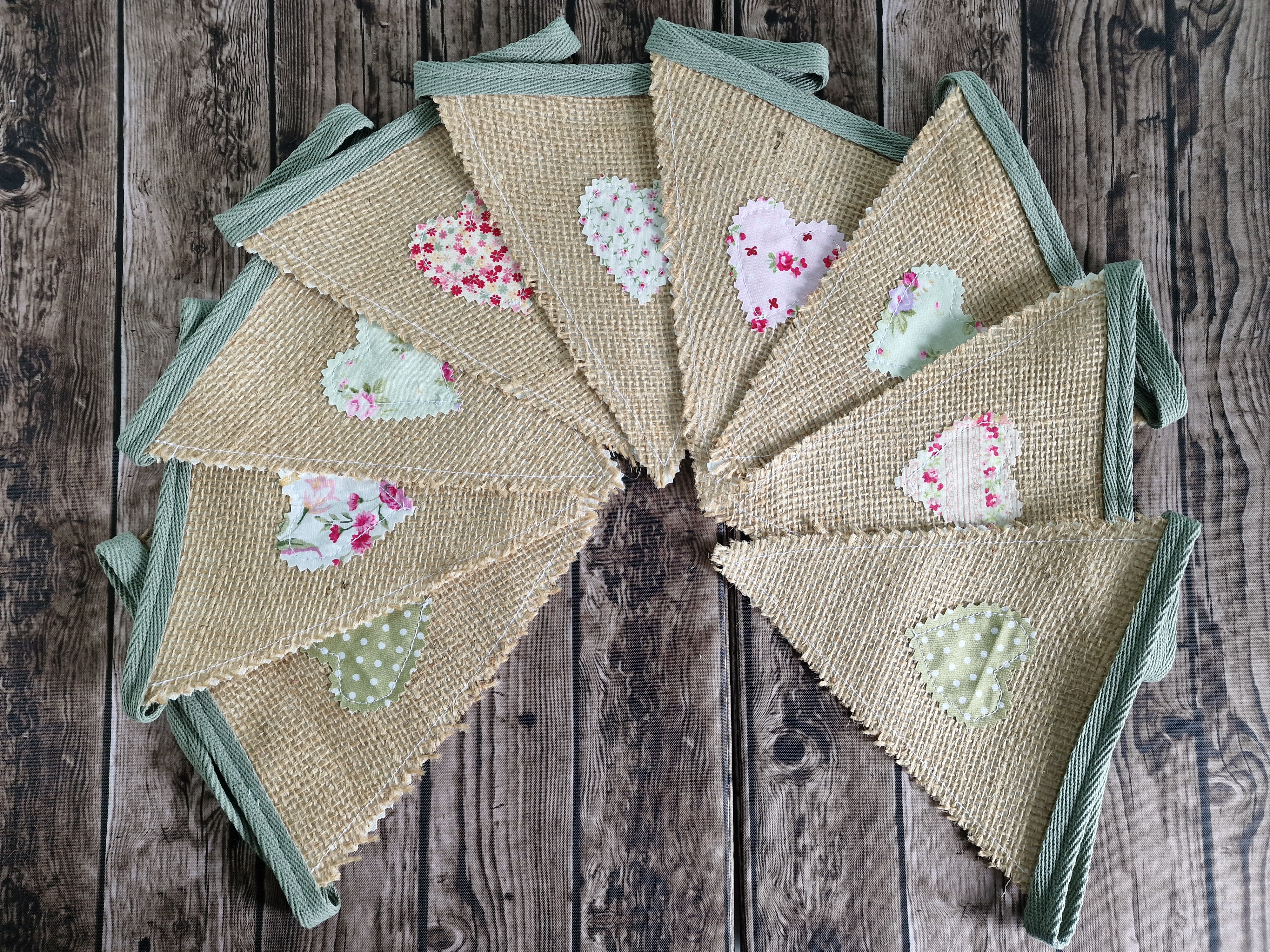 Hessian Hearts Handmade Fabric Bunting - Sage Ditsy Floral 