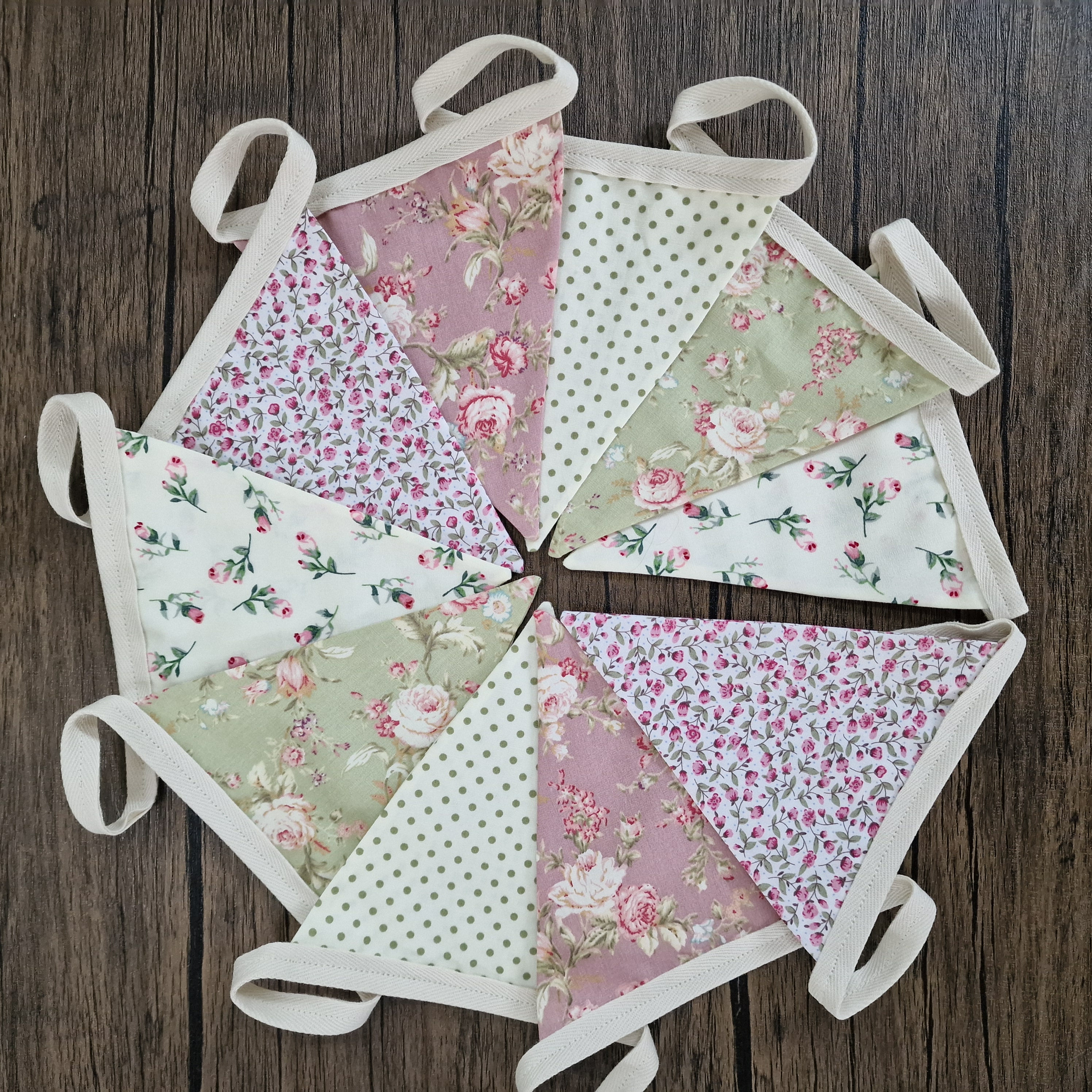 Vintage Style Floral Double Sided Handmade Fabric Bunting in Pinks, Greens and Creams