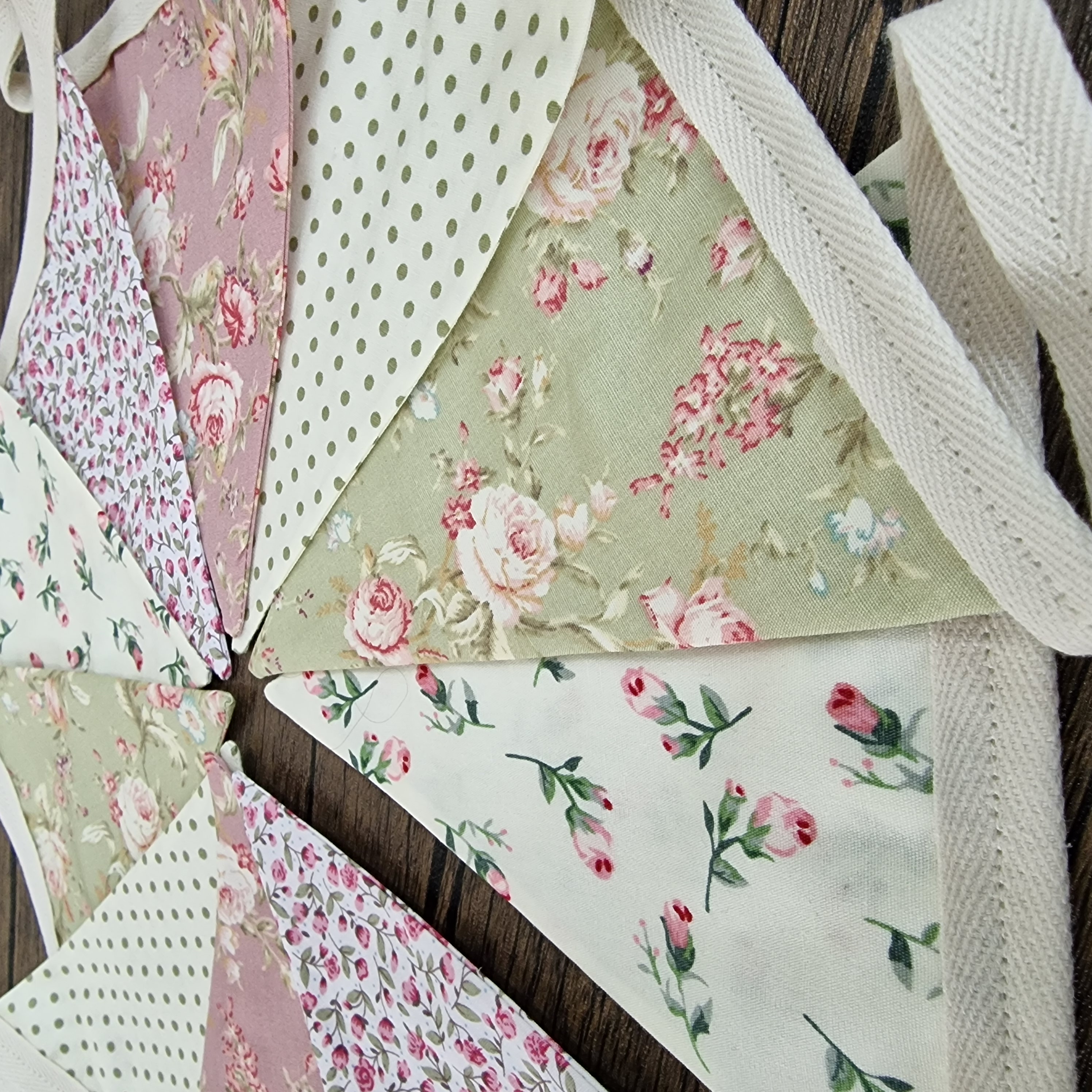 Vintage Style Floral Double Sided Handmade Fabric Bunting in Pinks, Greens and Creams