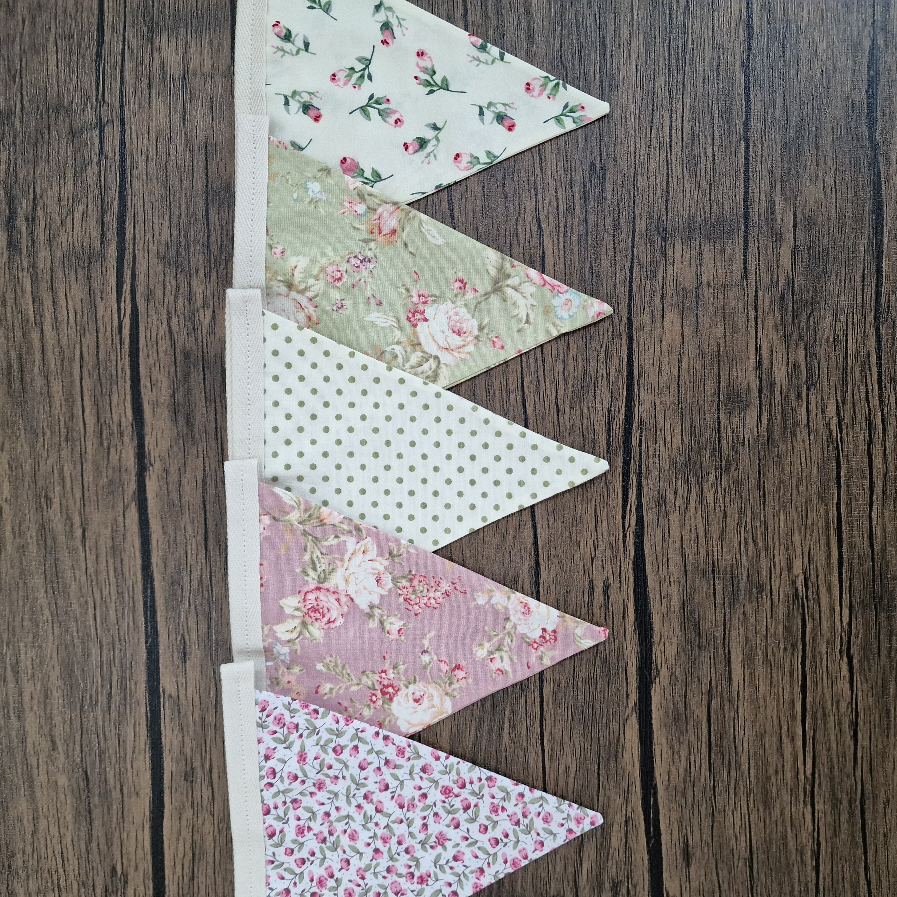 Vintage Style Floral Double Sided Handmade Fabric Bunting in Pinks, Greens and Creams