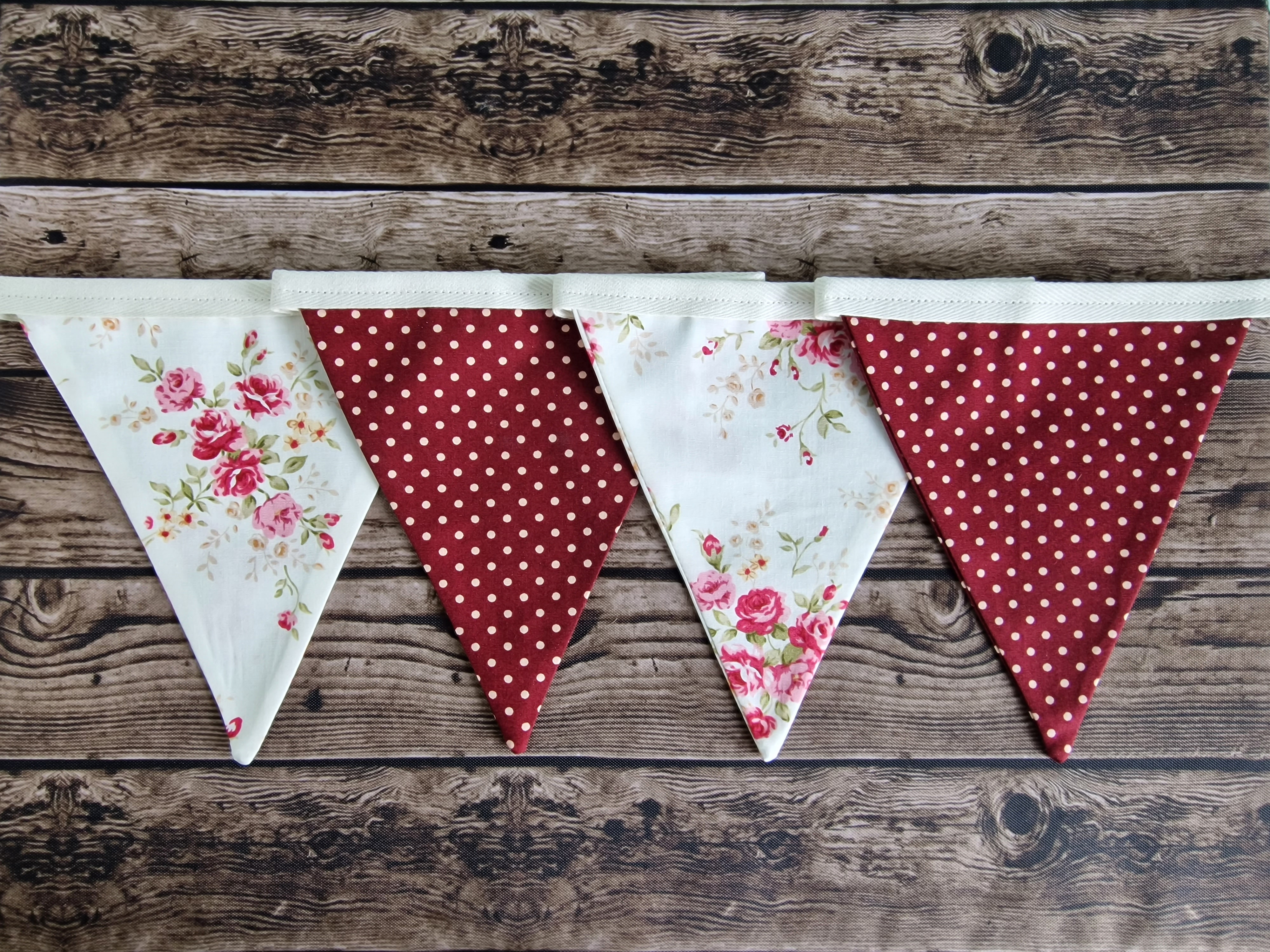 Vintage Style Roses & Burgundy Spotted Fabric Bunting 