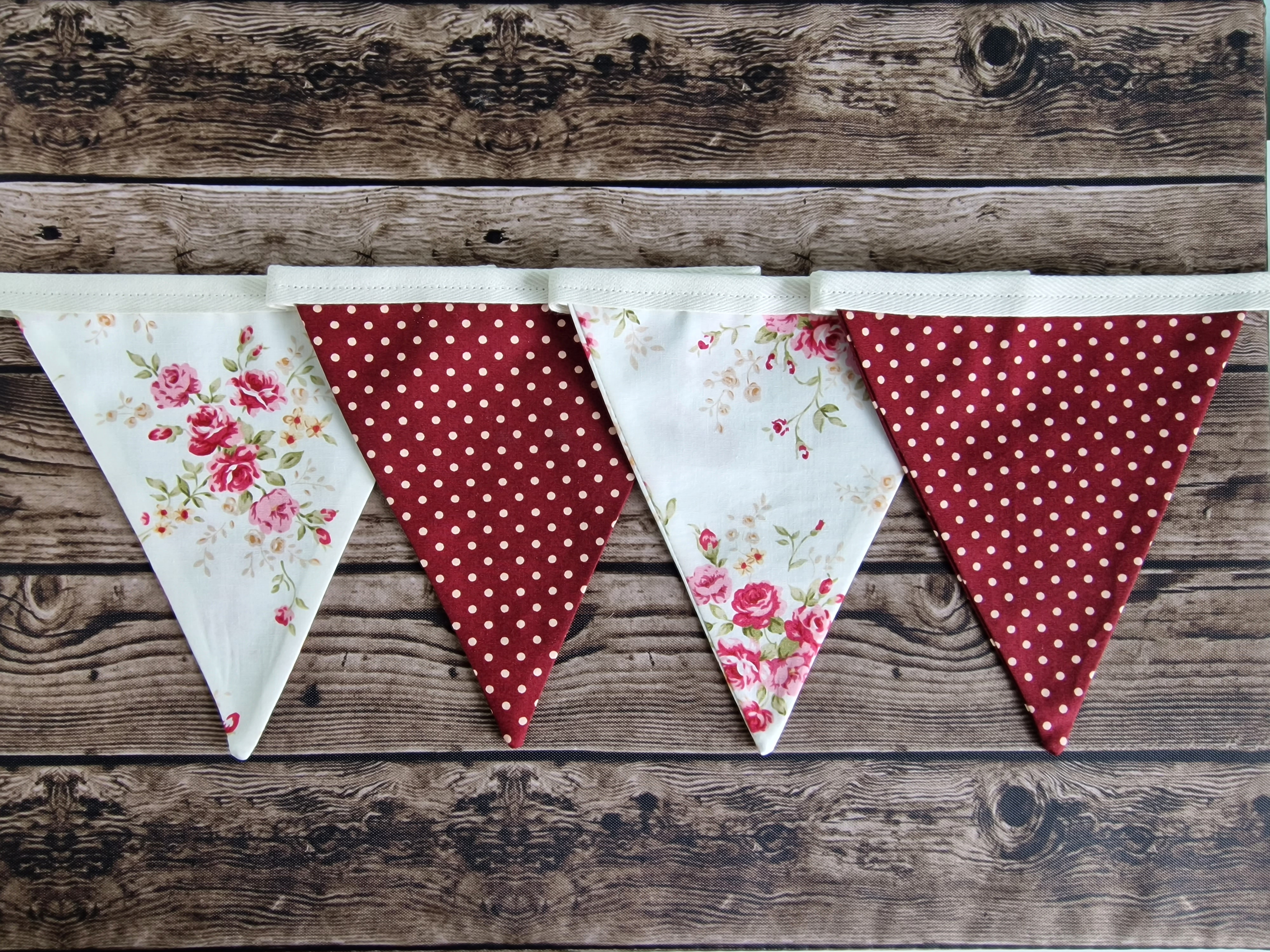 Vintage Style Roses & Burgundy Spotted Fabric Bunting 