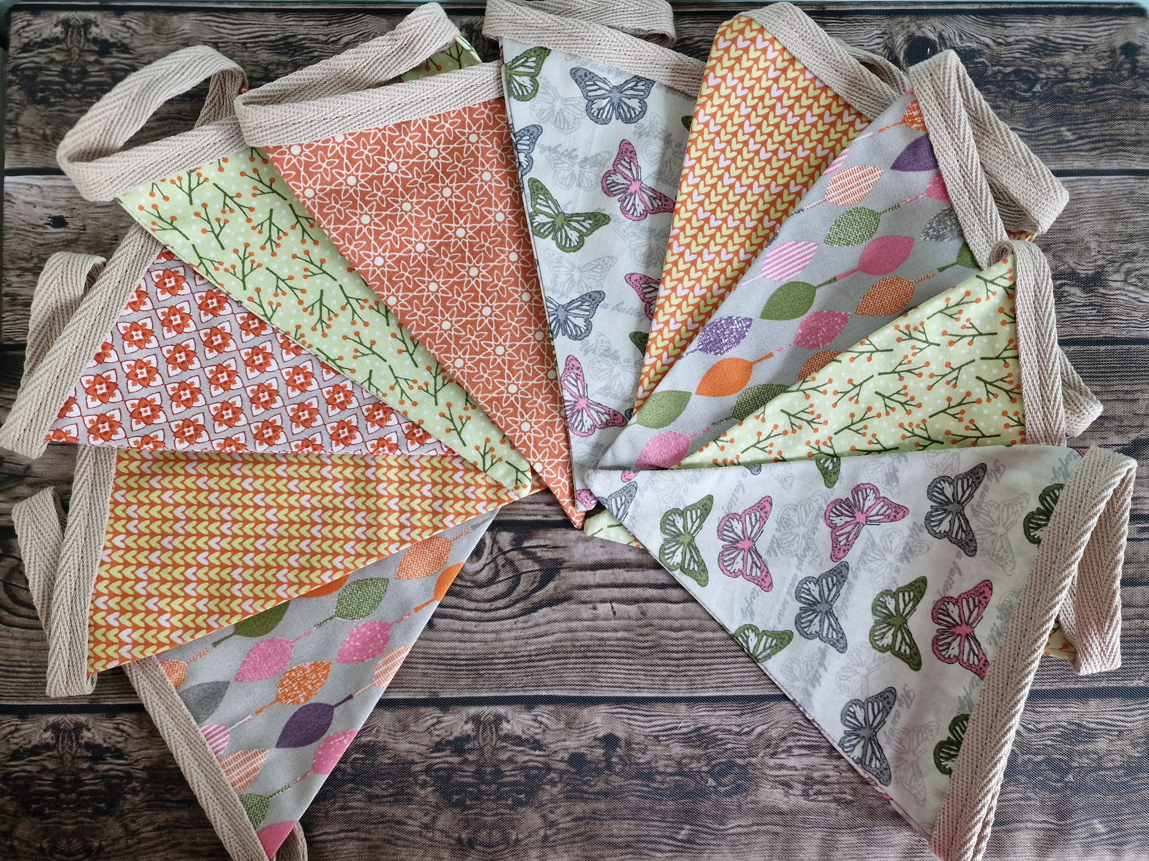 Leaves and Butterflies design Fabric Bunting | orange & grey 
