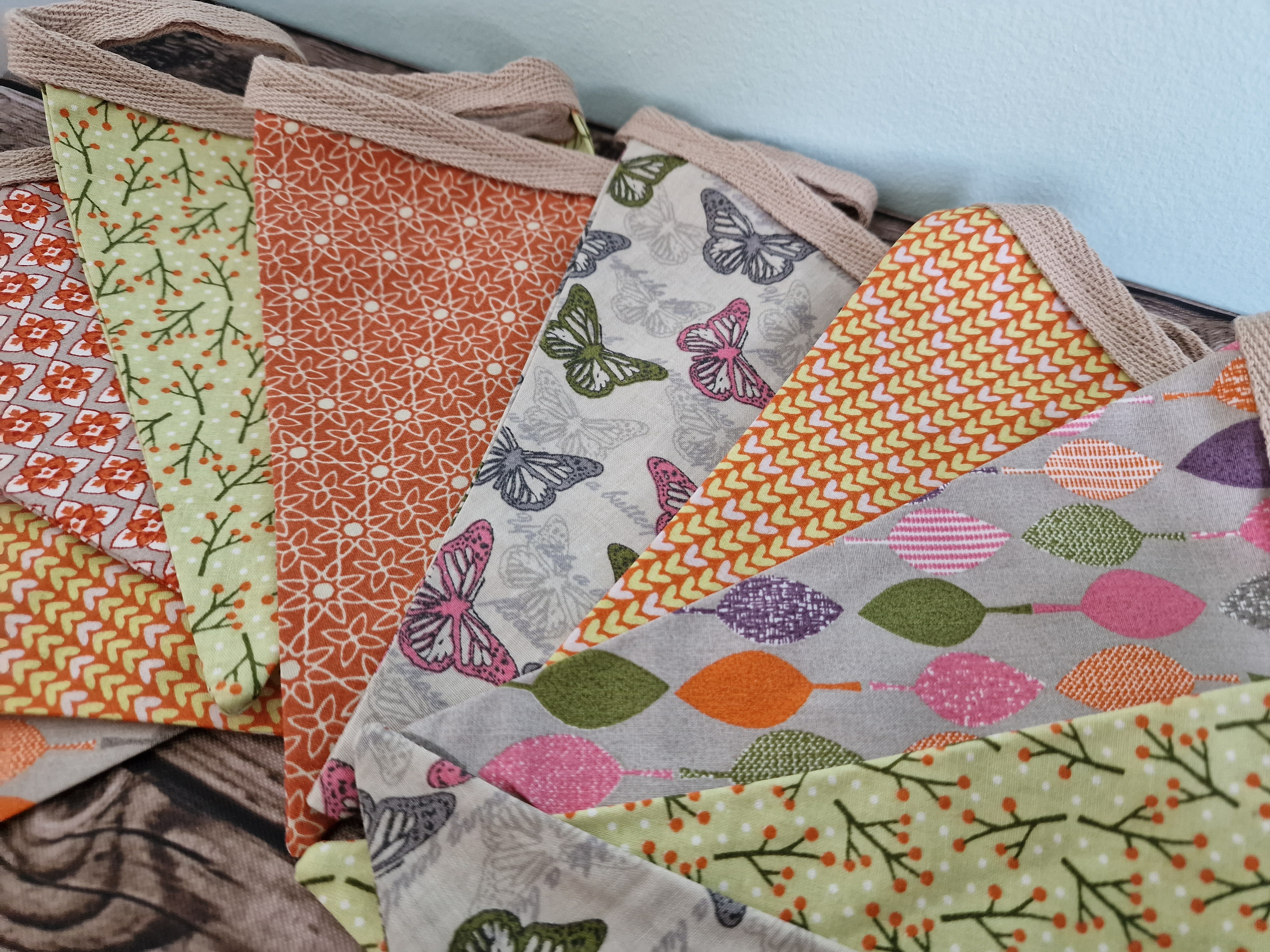 Leaves and Butterflies design Fabric Bunting | orange & grey 