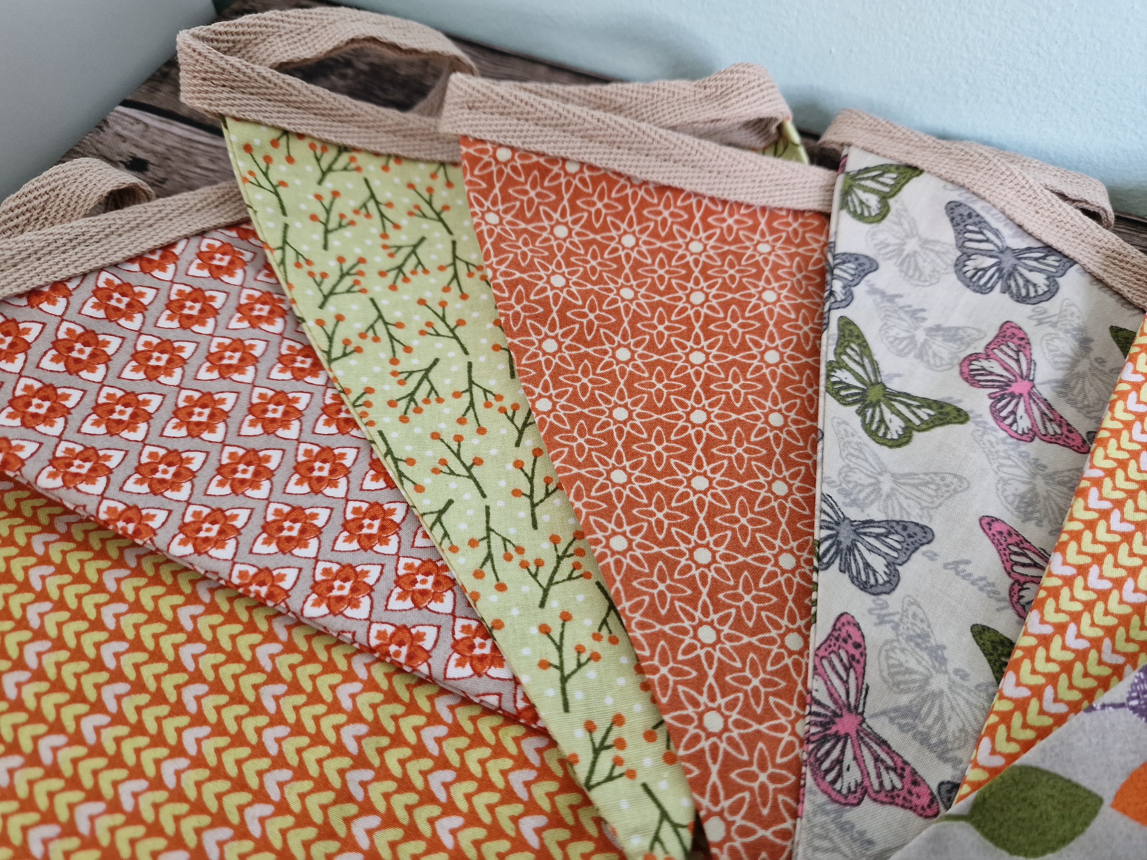 Leaves and Butterflies design Fabric Bunting | orange & grey 