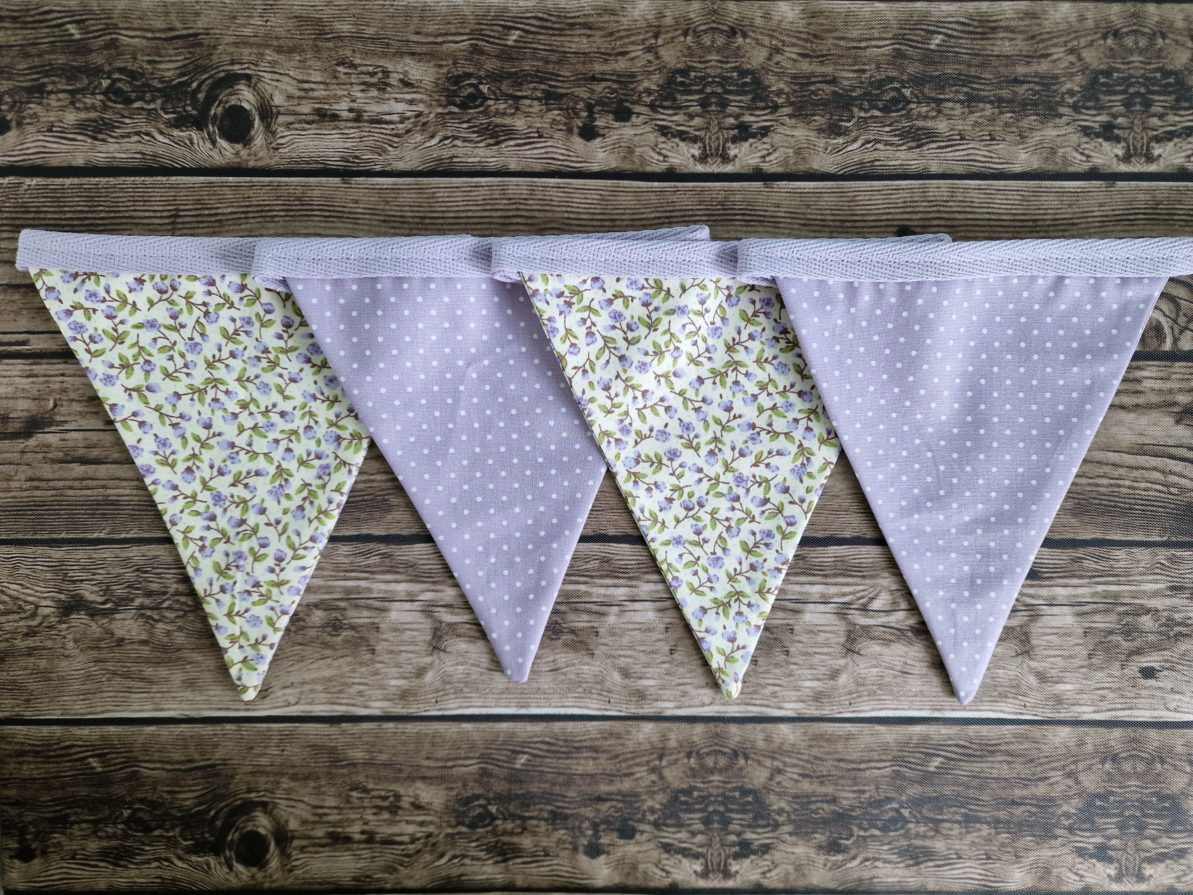 Vintage Style Lilac & Cream Floral Spotted Double Sided Handmade Fabric Bunting