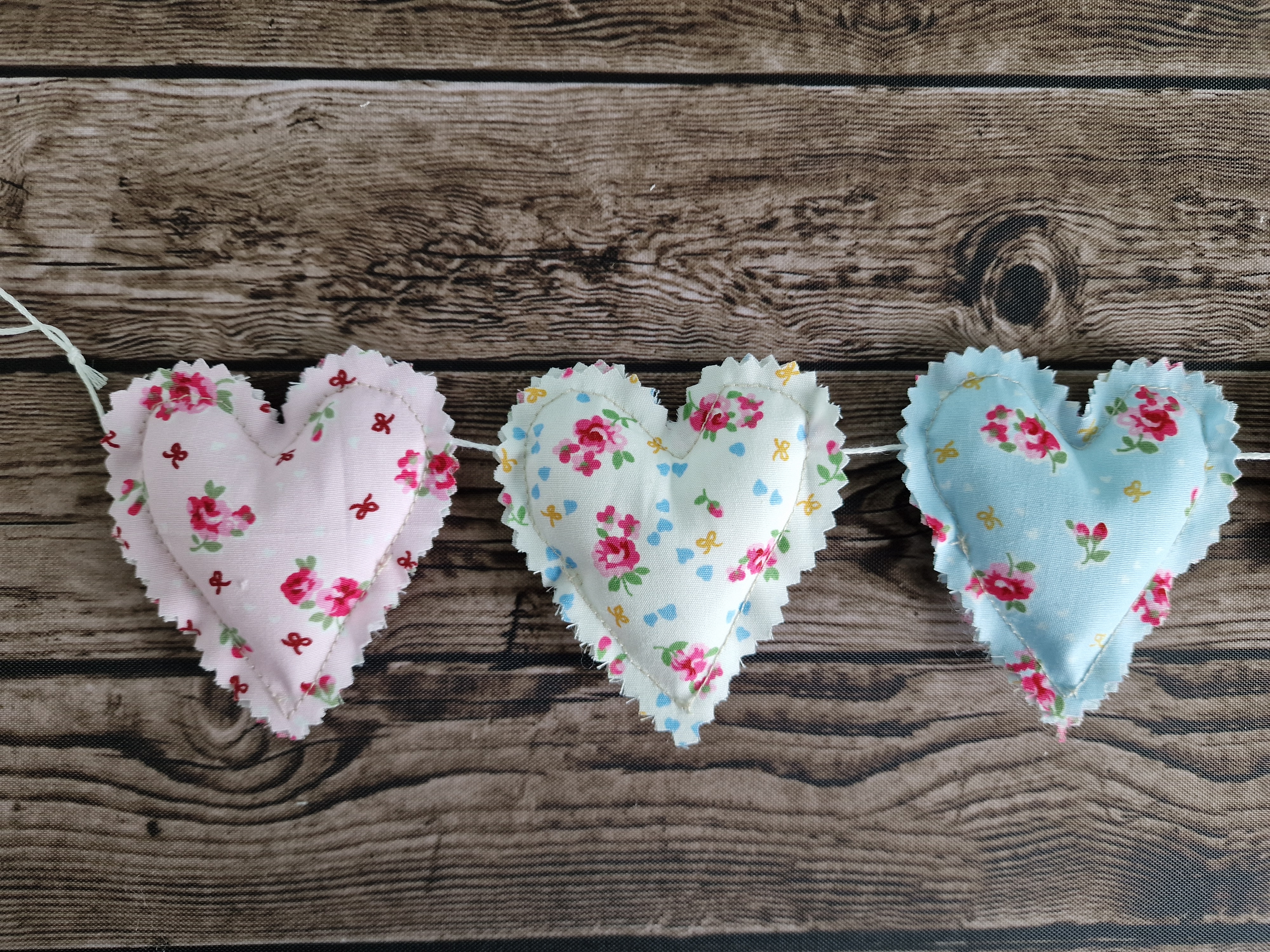 Ditsy rose floral padded hearts Garland | Blue Pink & White | shabby chic cottage décor 