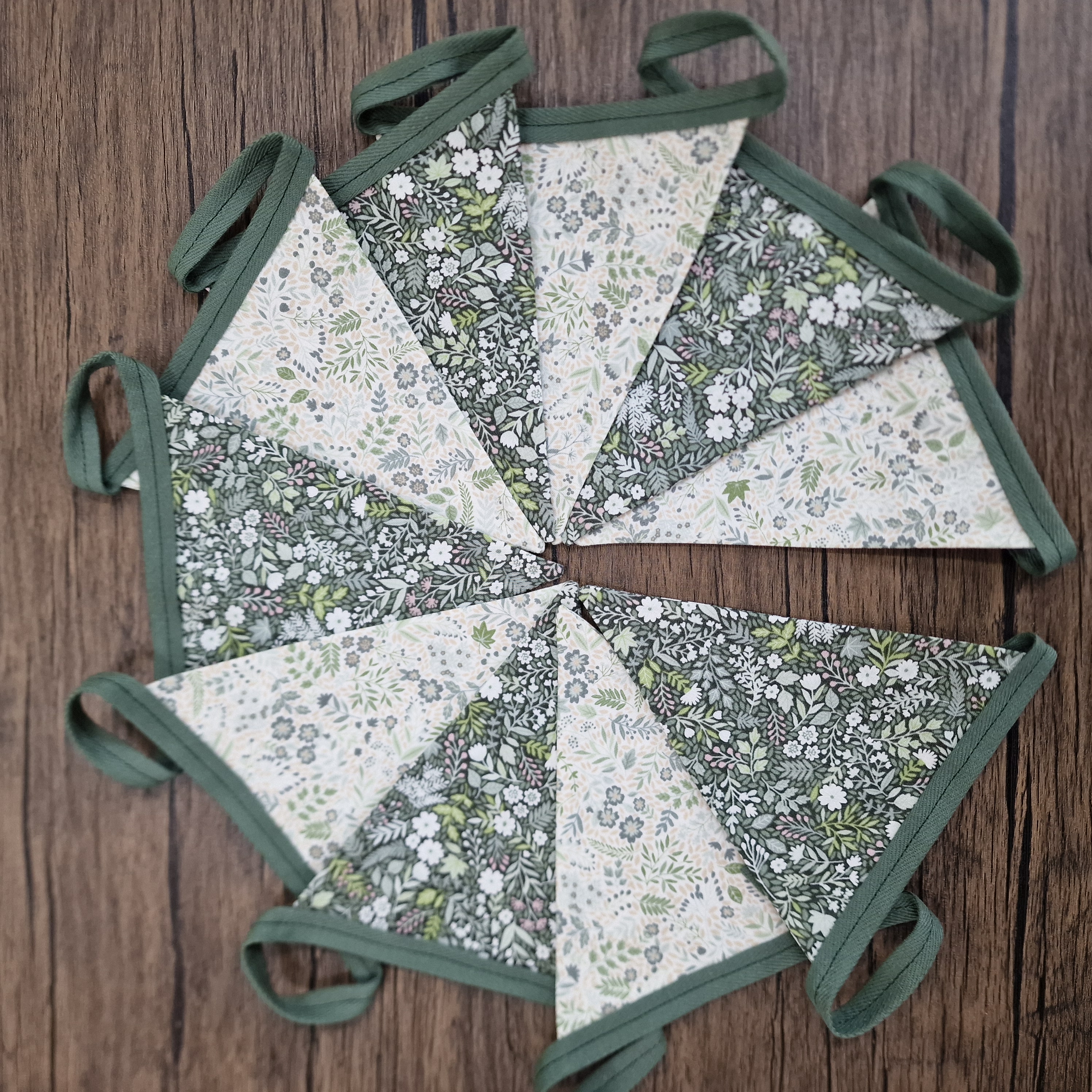 Vintage Style Green & Cream floral Double Sided Fabric Bunting 