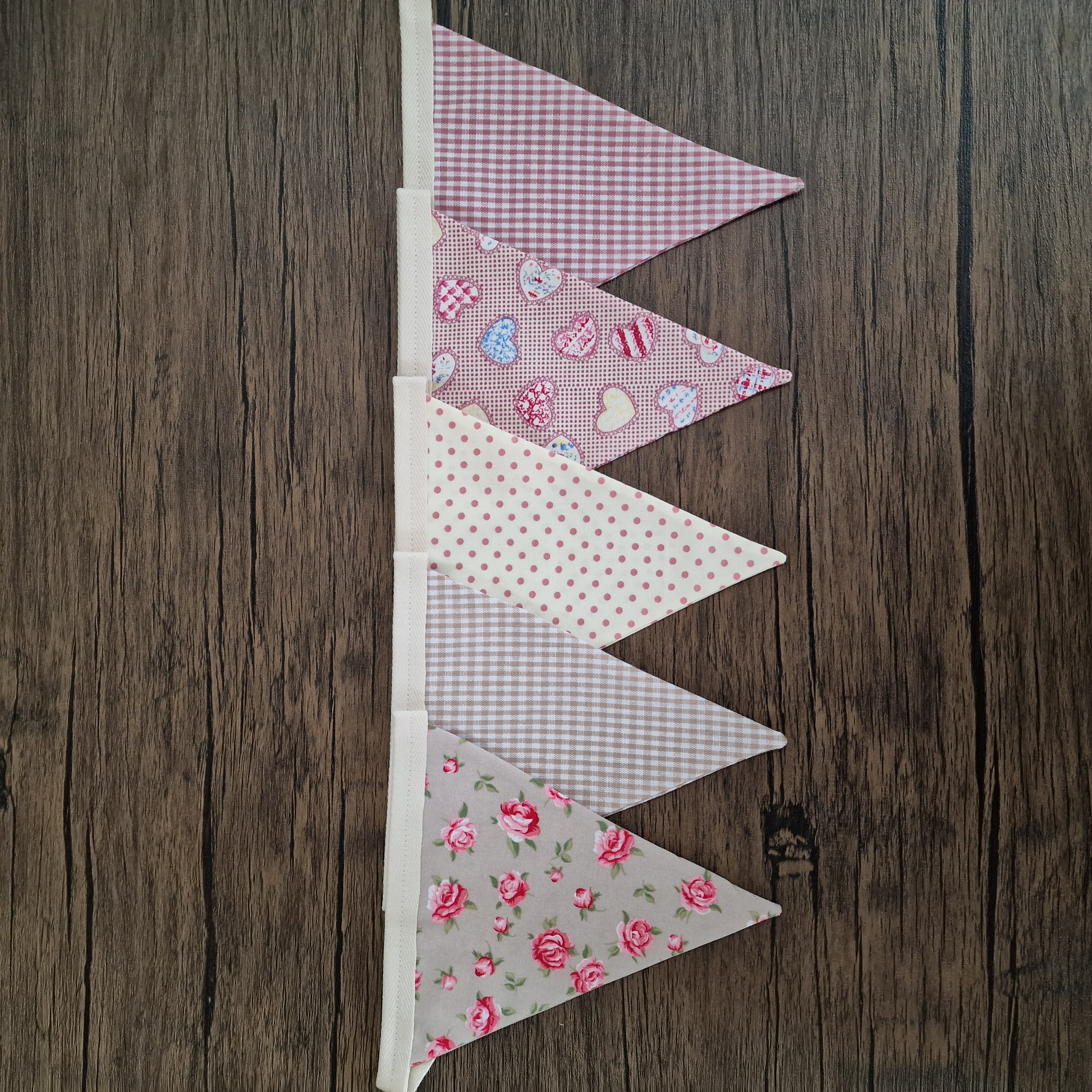 Beige & Pink Floral Gingham Hearts Shabby Chic Bunting 