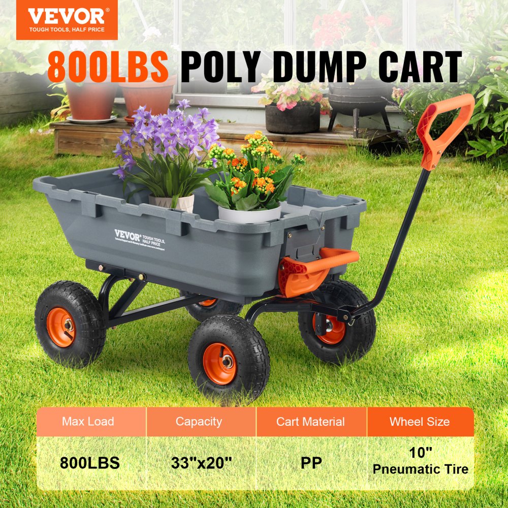 VEVOR Poly Garden Dump Cart with Easy to Assemble Steel Frame, 800 lbs. Capacity, 10-inch Tires