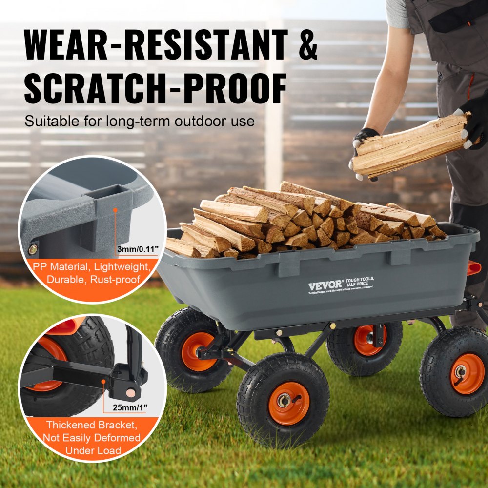 VEVOR Poly Garden Dump Cart with Easy to Assemble Steel Frame, 800 lbs. Capacity, 10-inch Tires