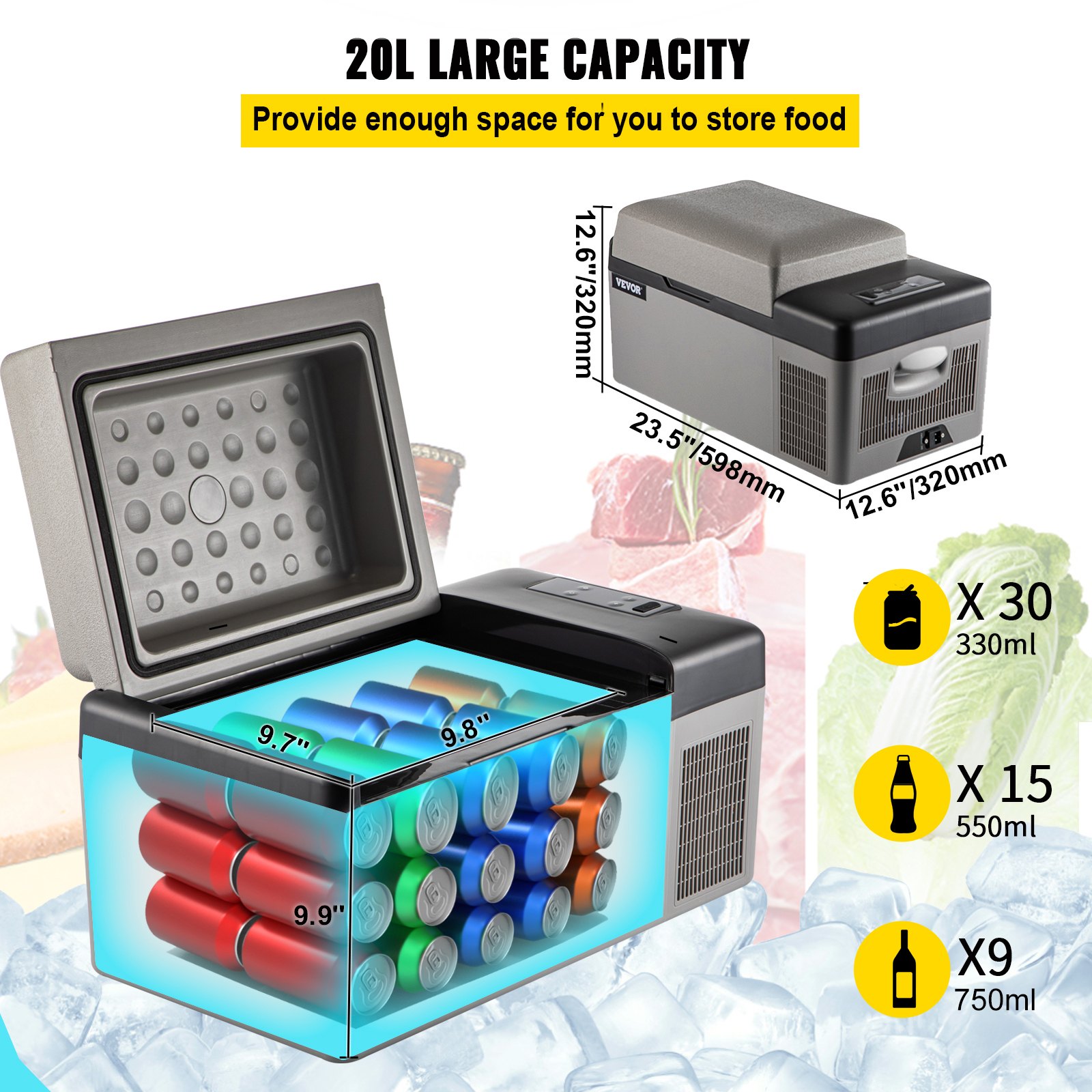 20 L (21 Quart) Portable, Car Refrigerator with 12/24v DC & 110-240v AC for Camping, Travel, Fishing, Outdoor or Home Use