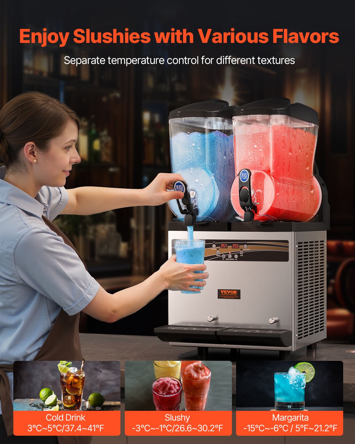 VEVOR Margarita Machine, 15Lx2 Tank Commercial Slushy Machine, Smoothie Frozen Drink Maker for Supermarkets Cafes Restaurants Bars Home Use