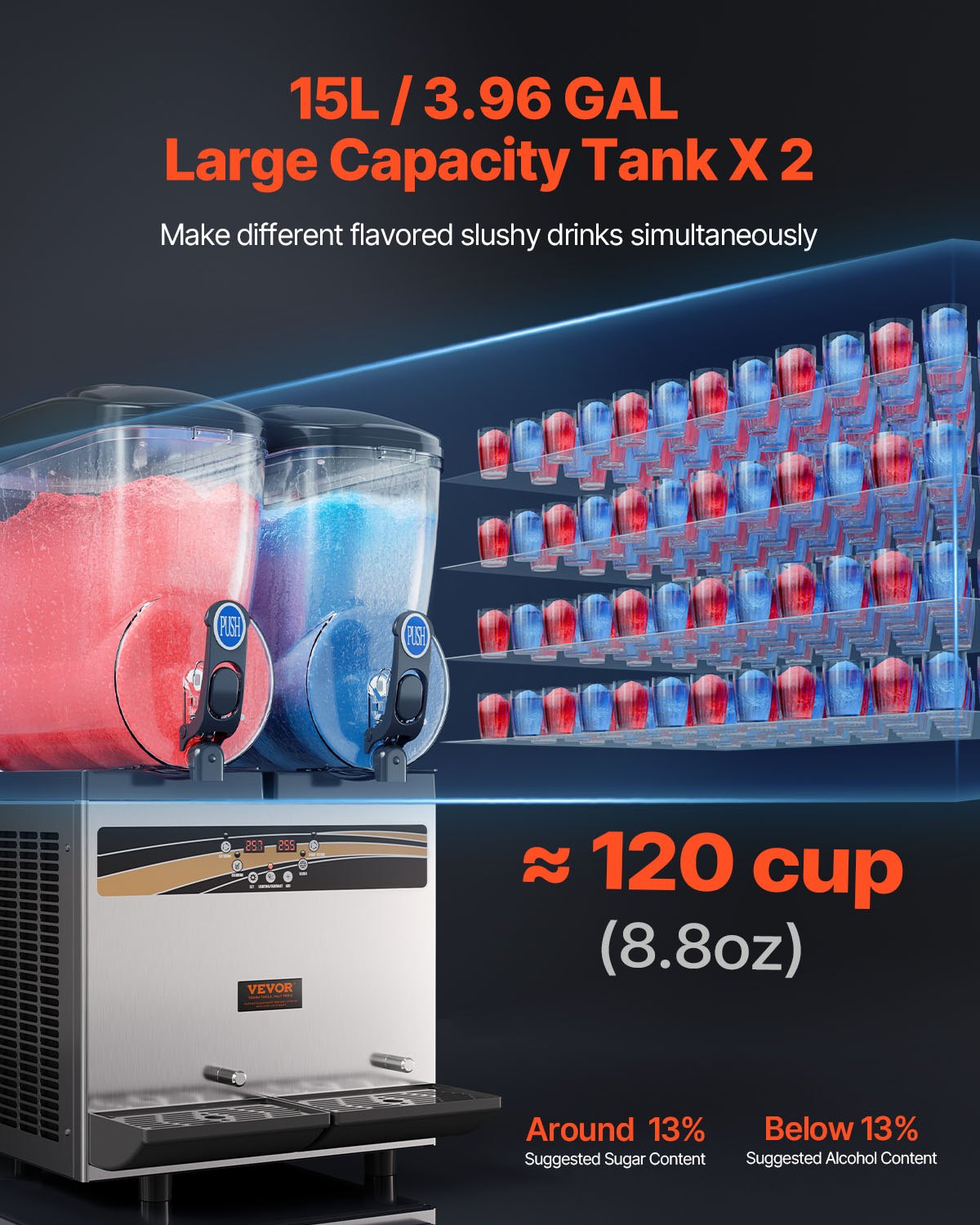 VEVOR Margarita Machine, 15Lx2 Tank Commercial Slushy Machine, Smoothie Frozen Drink Maker for Supermarkets Cafes Restaurants Bars Home Use