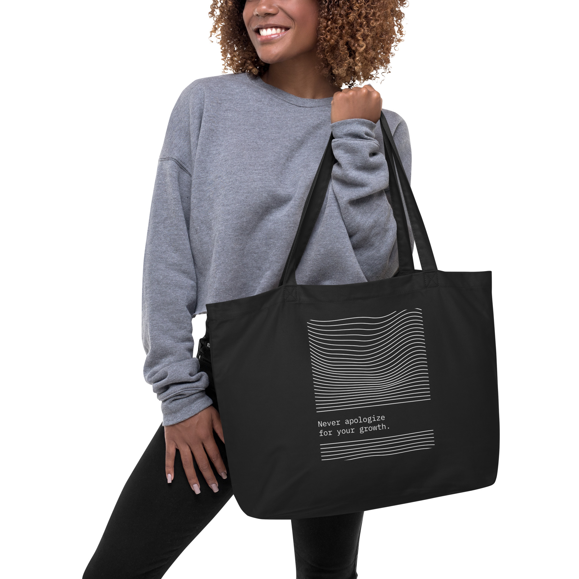 Never apologize for your growth | Large Eco Tote Bag (black)