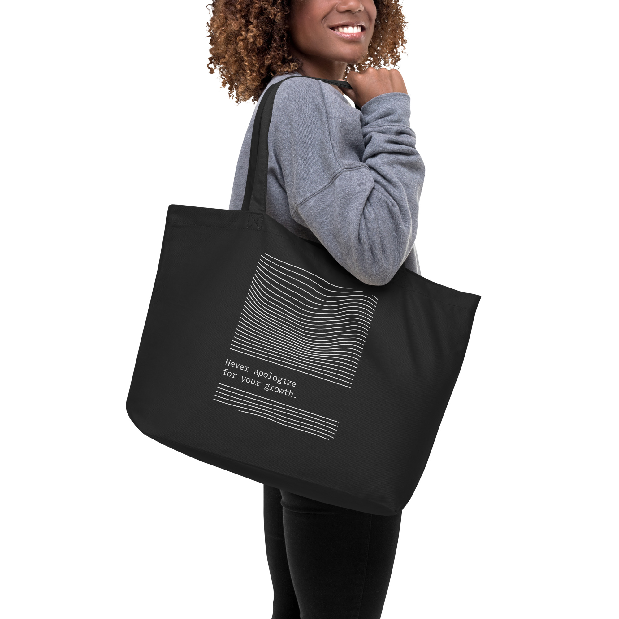 Never apologize for your growth | Large Eco Tote Bag (black)