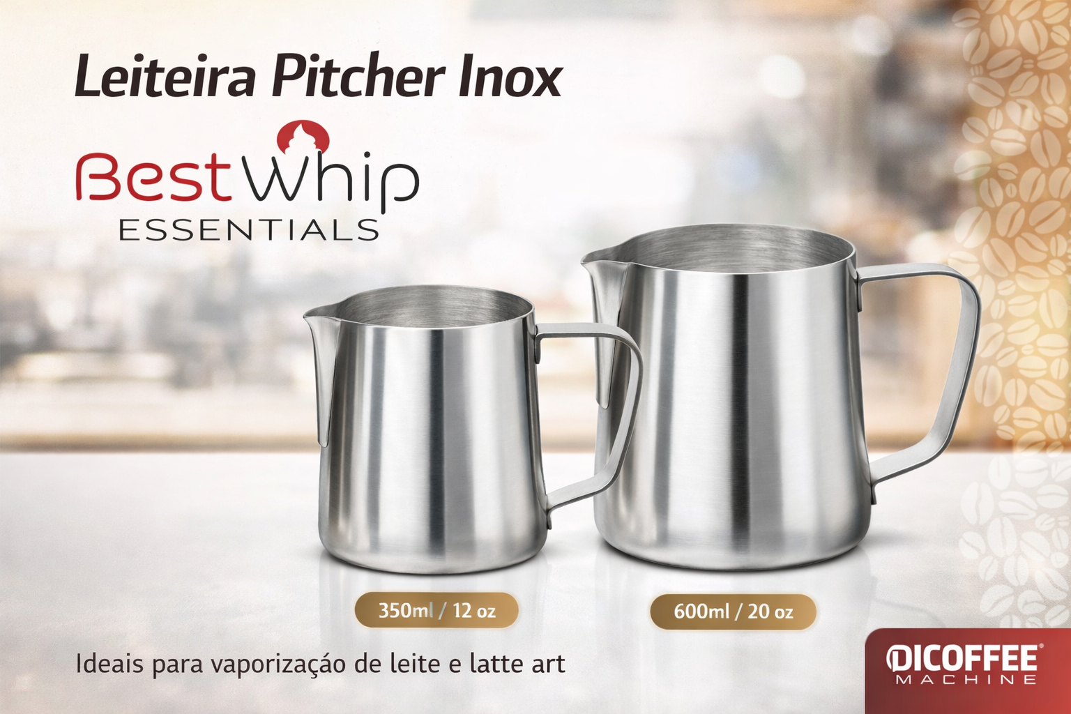 Leiteira em aço inox para vaporização e preparo de leite cremoso para cappuccino e latte art. Disponível em 350ml e 600ml.