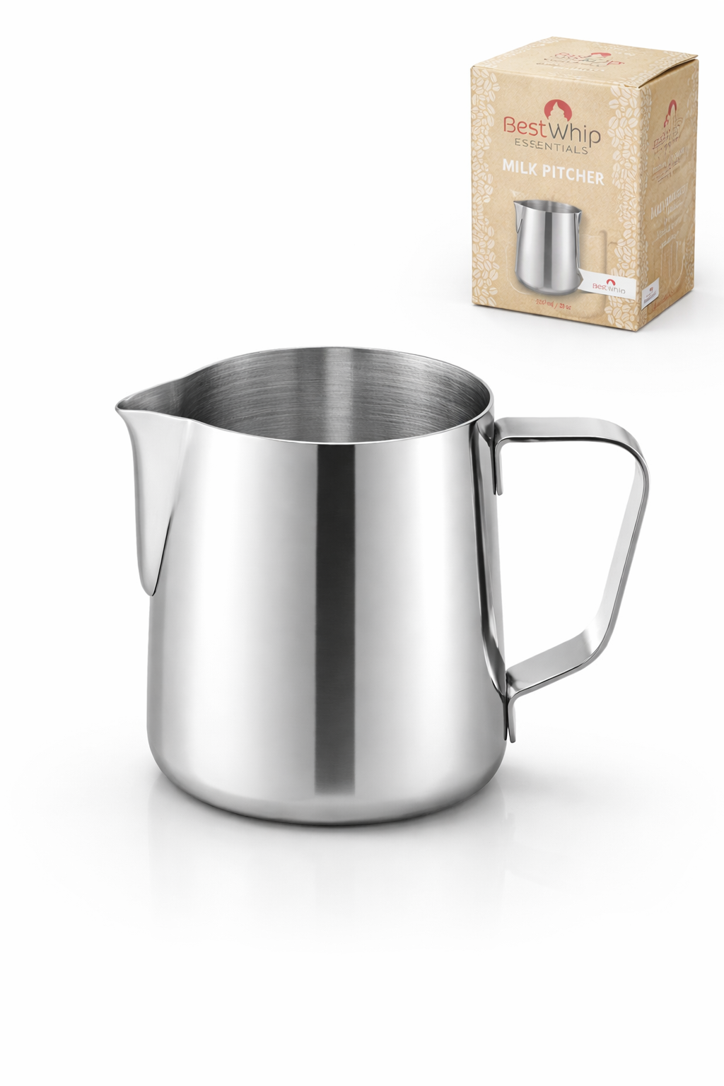 Leiteira em aço inox para vaporização e preparo de leite cremoso para cappuccino e latte art. Disponível em 350ml e 600ml.