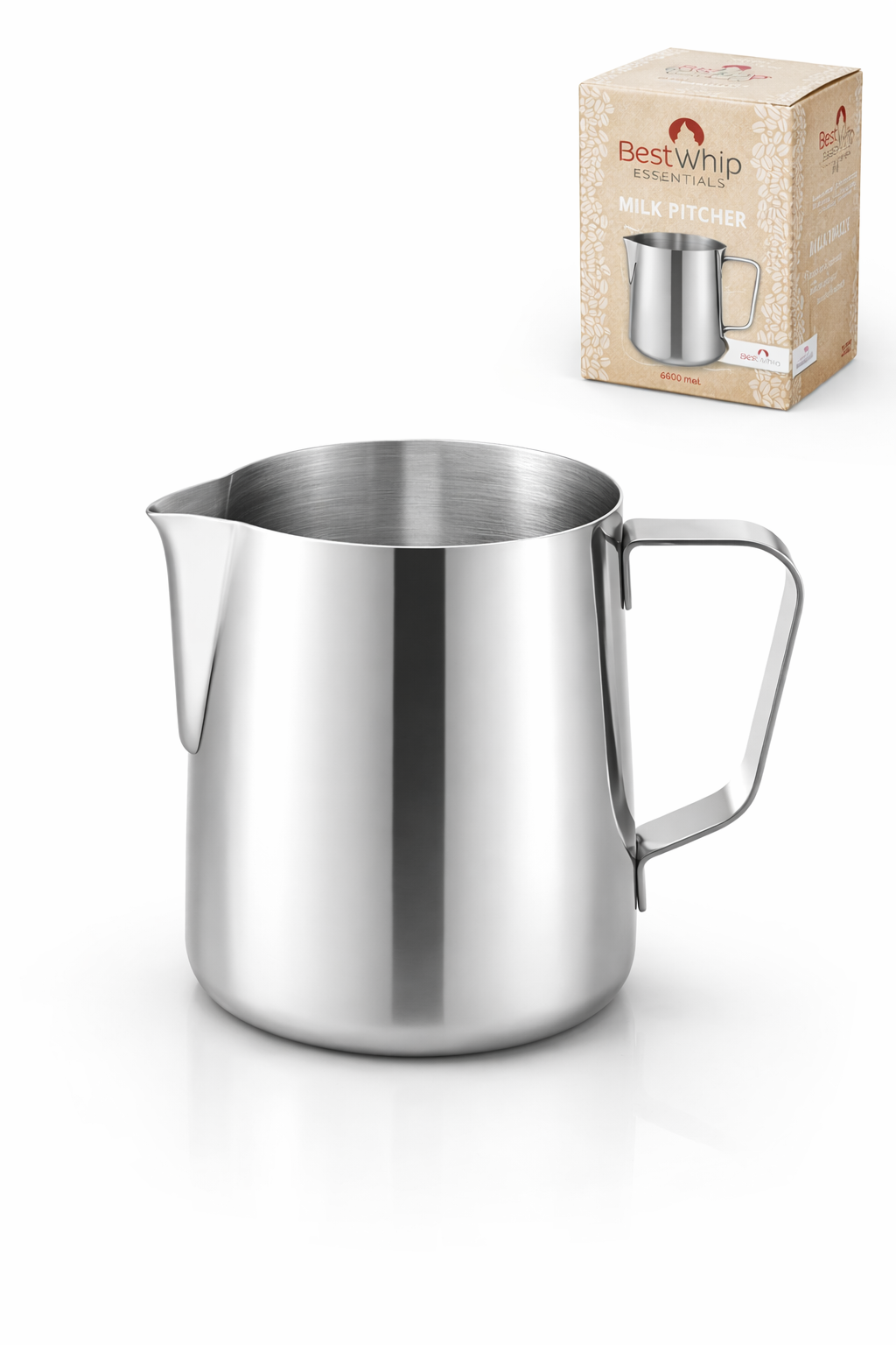 Leiteira em aço inox para vaporização e preparo de leite cremoso para cappuccino e latte art. Disponível em 350ml e 600ml.