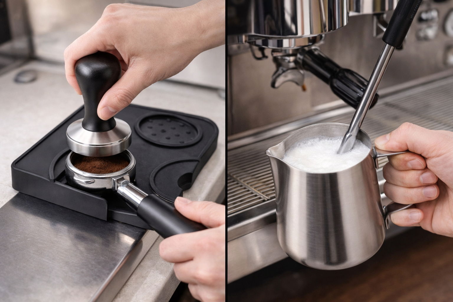 Kit Barista Essencial – Tamper + Base para Porta-Filtro + Pitcher 350ml