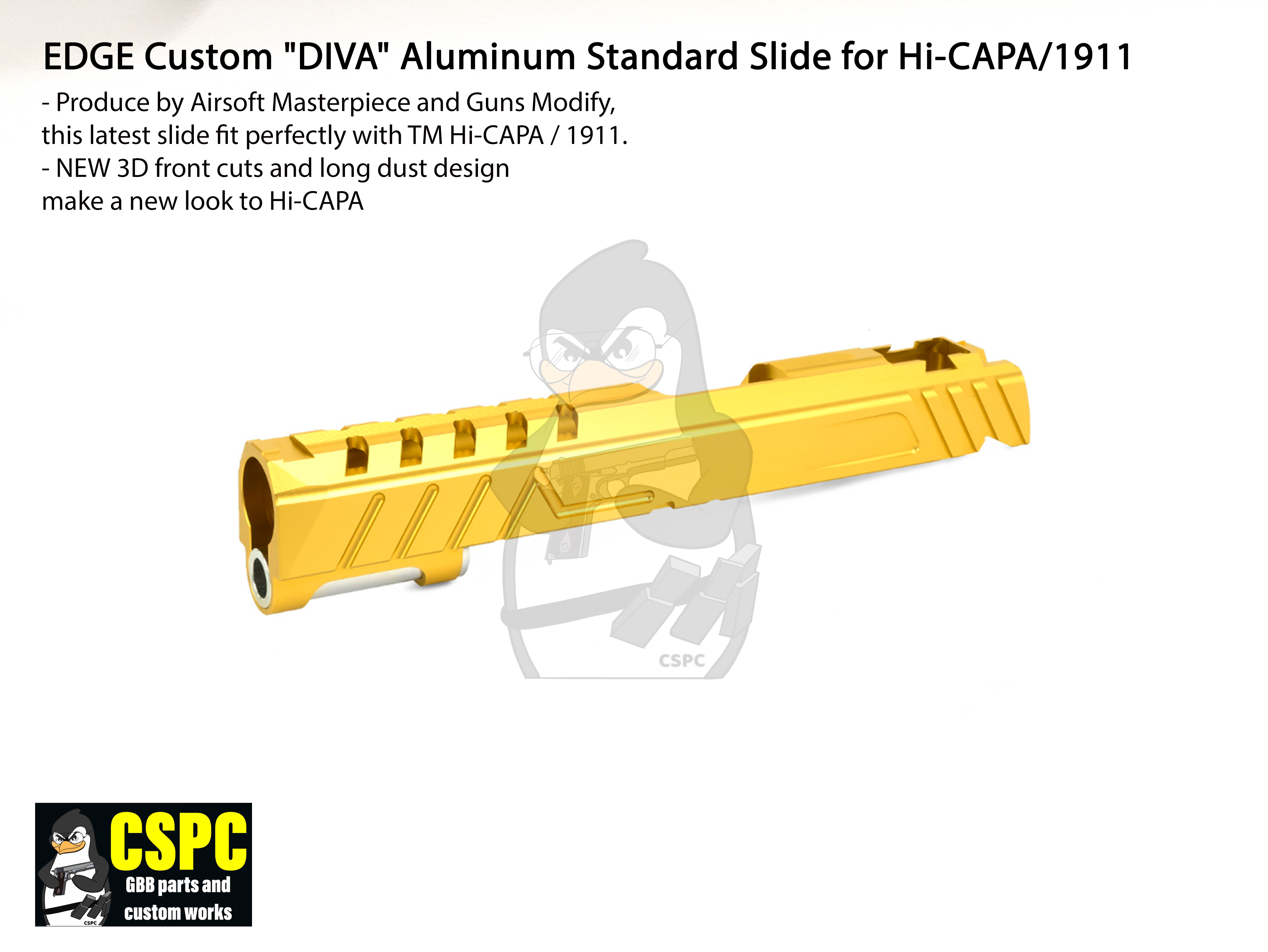 EDGE Custom "DIVA" Aluminum Standard Slide for Hi-CAPA/1911 Gold