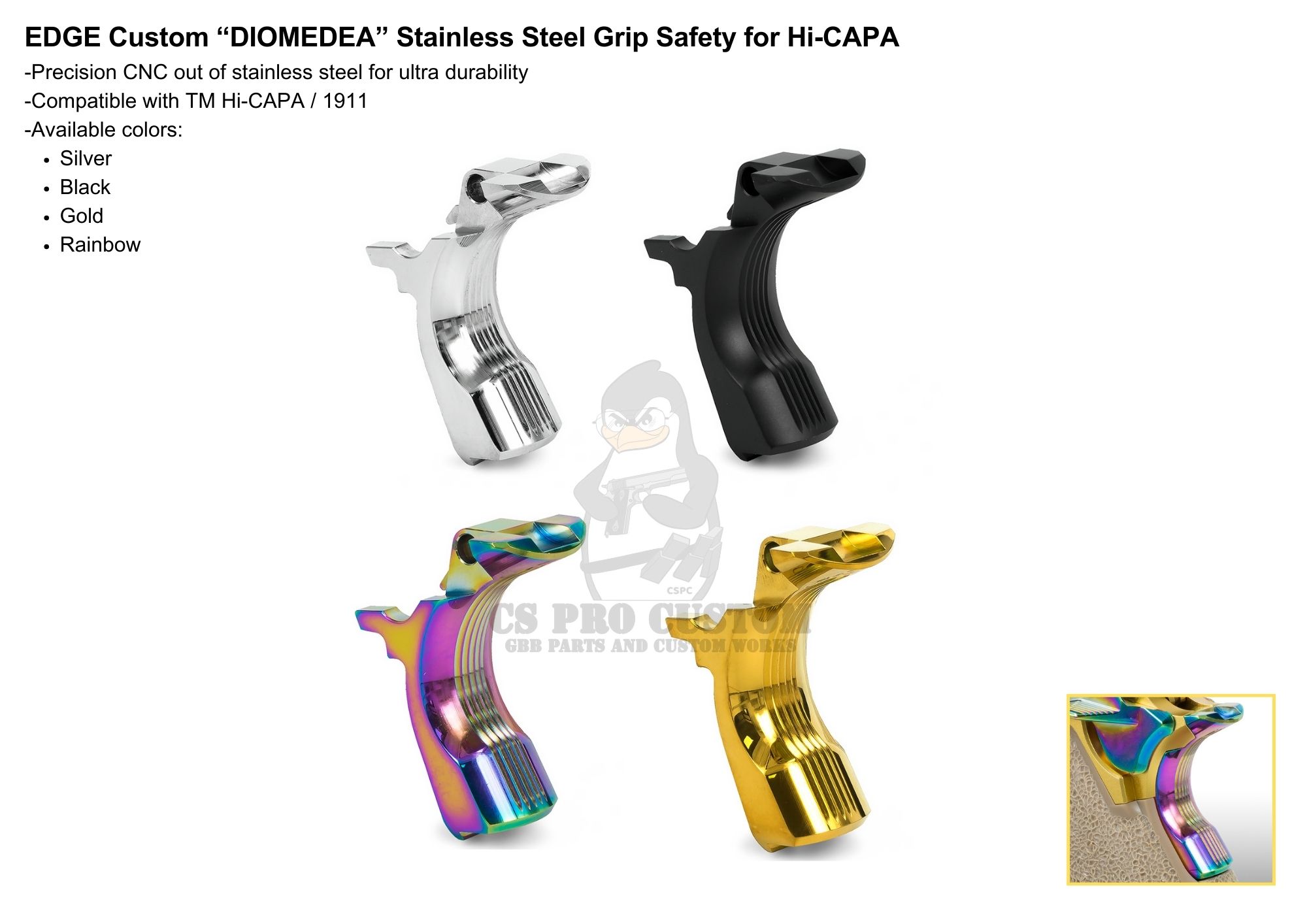 EDGE Custom 'DIOMEDEA' Stainless Steel Grip Safety for Hi-CAPA