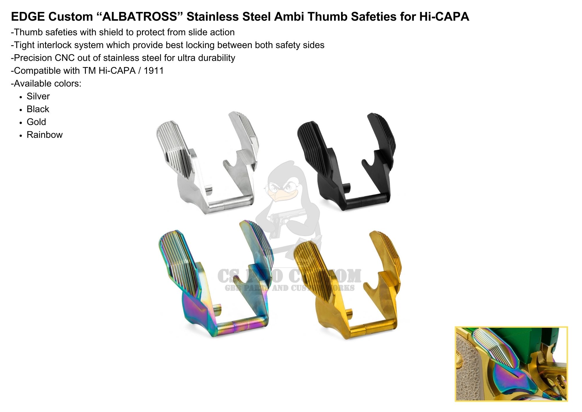 EDGE Custom 'ALBATROSS' Stainless Steel Ambi Thumb Safeties for Hi-CAPA