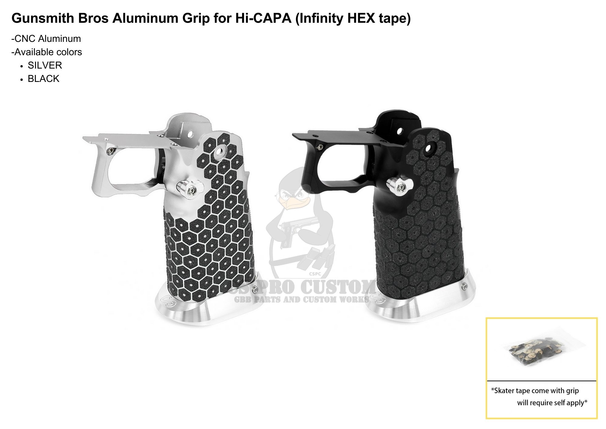 Gunsmith Bros Aluminum Grip for Hi-CAPA (Infinity HEX tape)