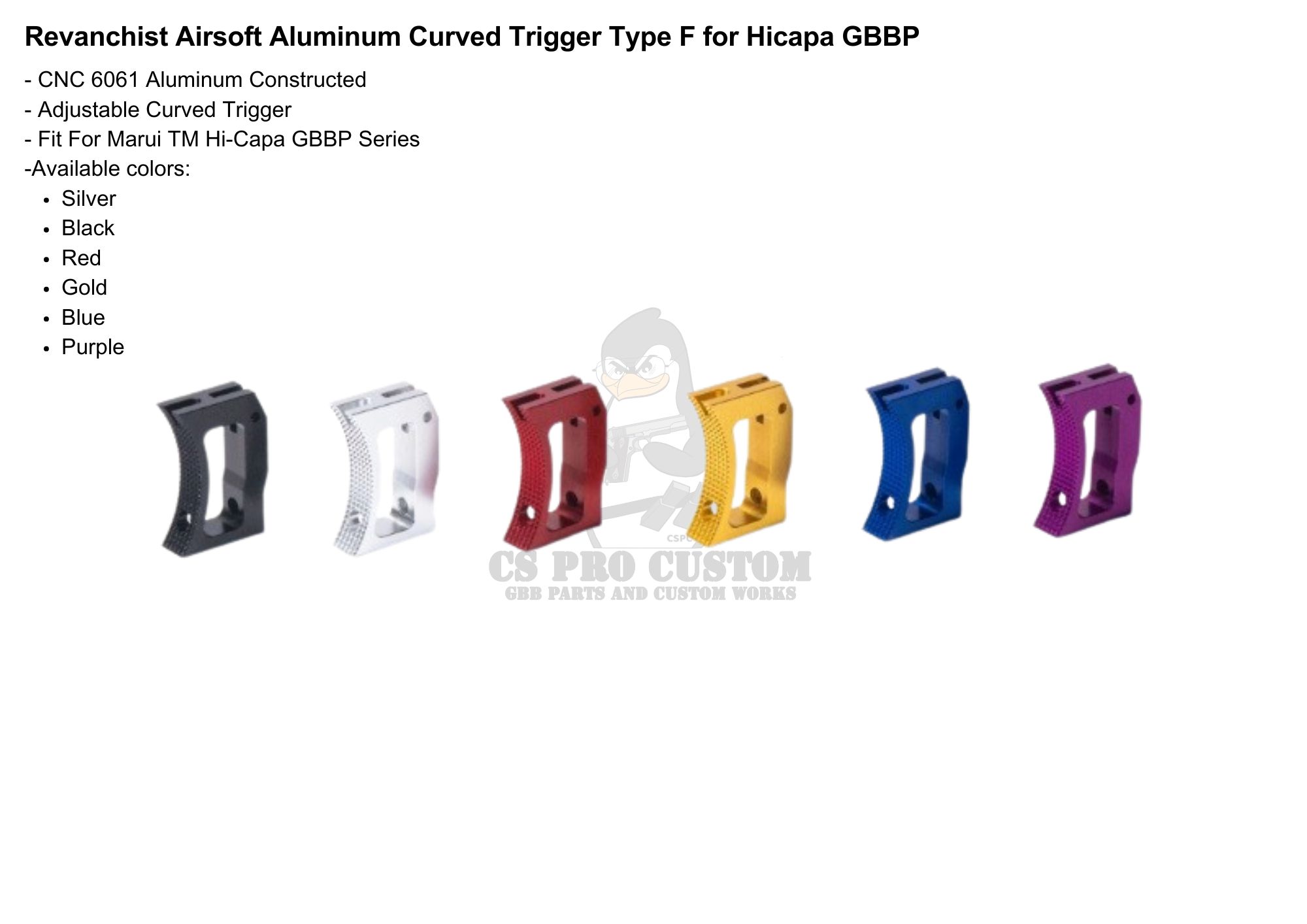 Revanchist CNC Aluminum Curved Trigger For Marui TM Hi-Capa GBBP Series