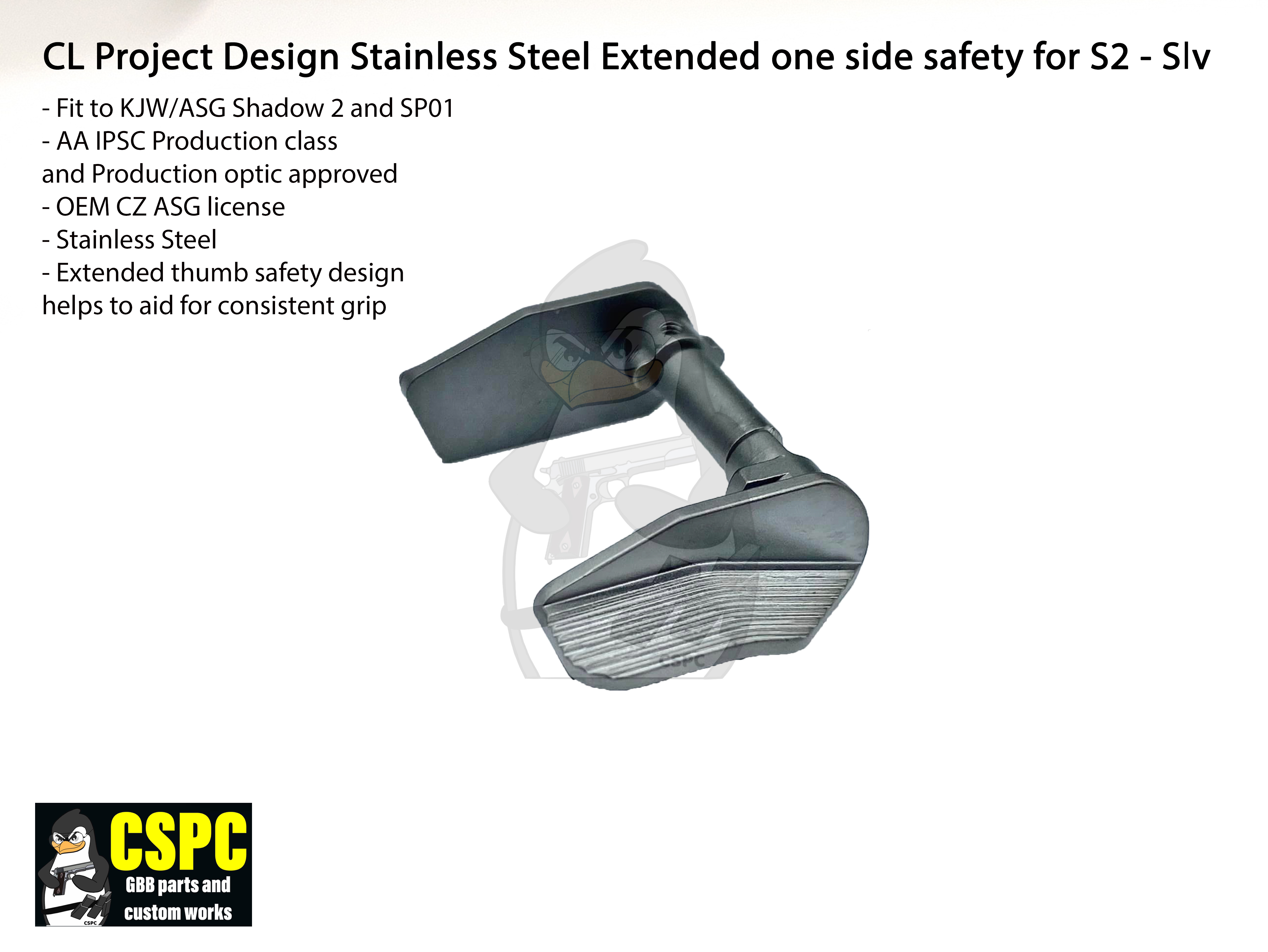 CL Project Design Stainless Steel Extended Thumb Safety for KJW Shadow 2