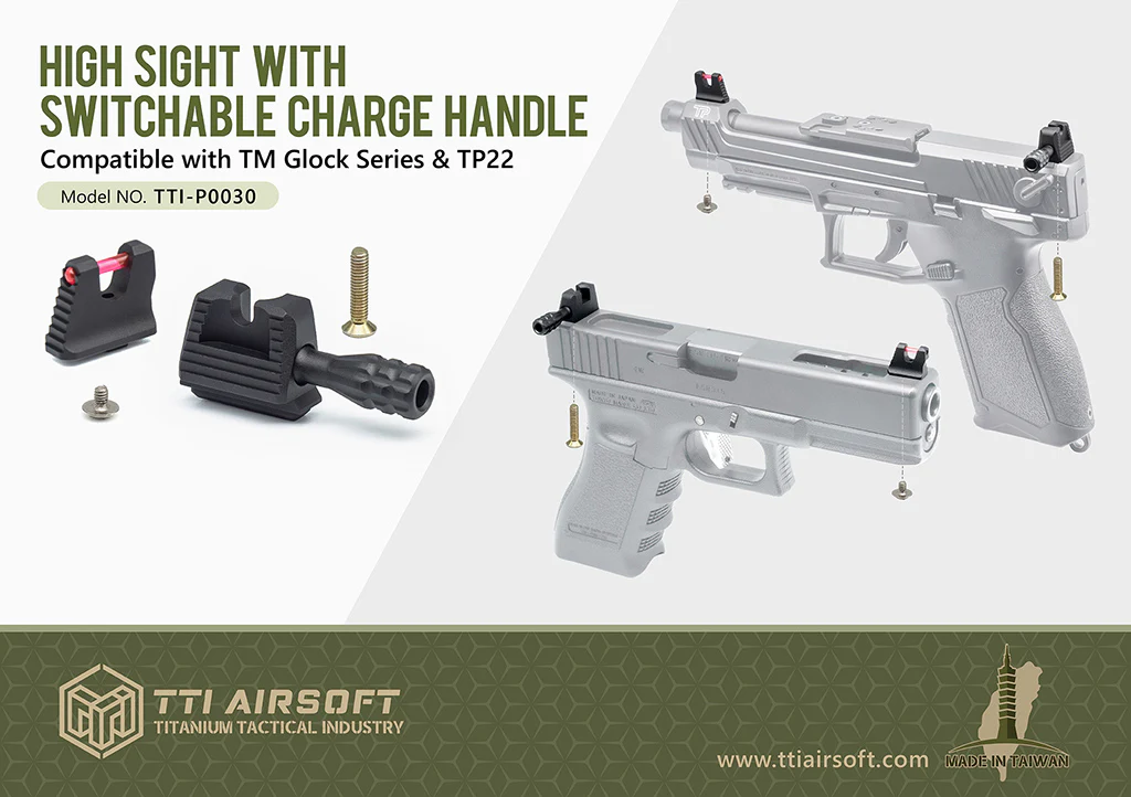 TTI Airsoft Glock or TP22 Charge Handle High Sight