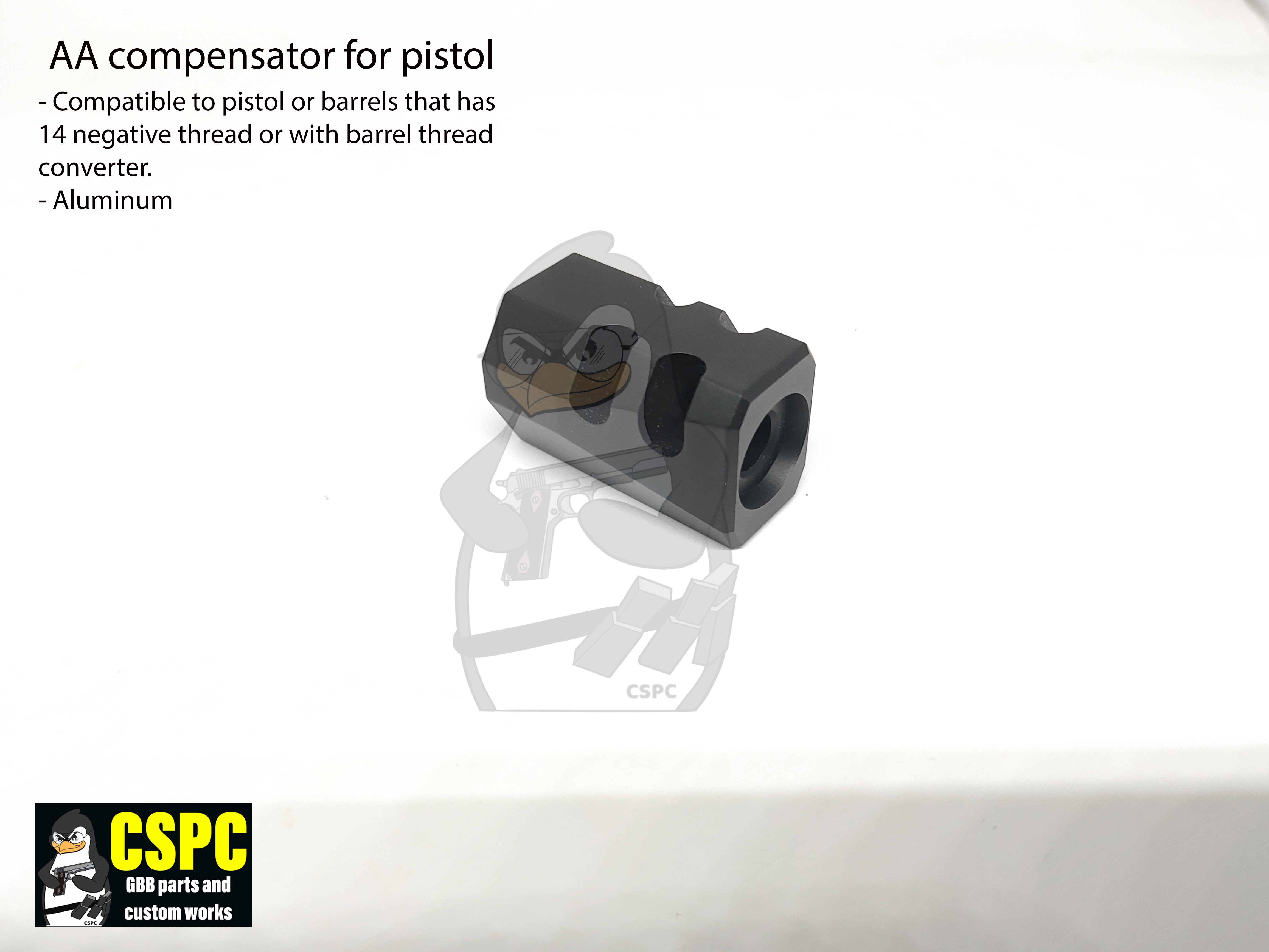 AA Compensator for Pistol Compatible with pistols featuring a 14 negative thread