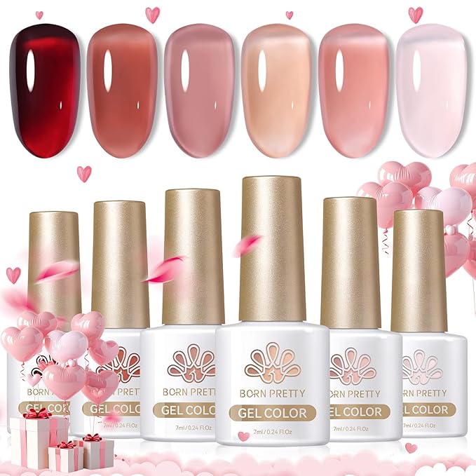 Born Pretty Jelly Gel Nail Polish Set Burgundy Wine Red Gel Polish Crystal Transparent Gel Polish Kit Nail Art Varnish Manicure Collection Christmas Valentine's Day Gift Set 7ML 6PCS