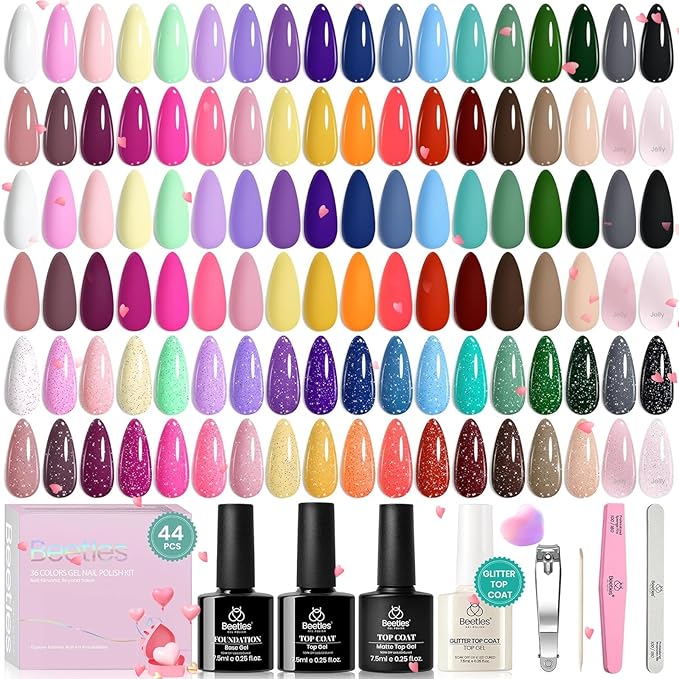 Beetles Gel Polish 44 PCS Gel Nail Polish Set 36 Colors Gel Nail Polish with Base Coat Glossy Matte & Glitter Gel Top Coat Neon Orange Jelly Blue Nude Vivid Seasons Valentine's Day Gifts for Women