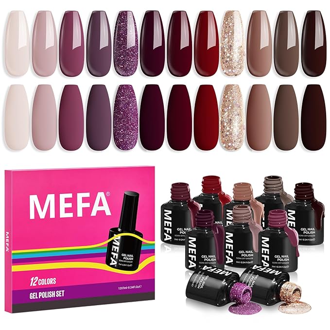 Face SerumMEFA Gel Nail Polish Set, 12 Colors Burgundy Red Gel Polish Set Champagne Gold Glitter Nail Polish Gel Soak Off Dark Red Purple Shimmer Nude Brown Gel Nail Gifts for Women Girl DIY Salon Home Manicure