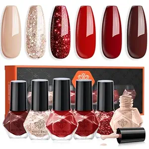 modelones Nail Polish 6 Colors Red Nude Gold Glitter Nail Polish Quick Dry Burgundy Sparkle Mini Nail Polish Set Spring Valentines Day Manicure DIY Nail Art Salon Home Gift For Women Girl