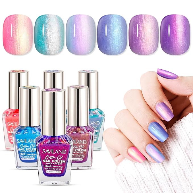 SAVILAND 6pcs Ombre Nail Polish Sets: Charm Pink Blue Gold Purple Ombre Summer Fingernail Polish Colors Air Quick Dry Nail Polish Plant-base Castor Oil Natural Nail Polis Kit Women Home Manicure DIY