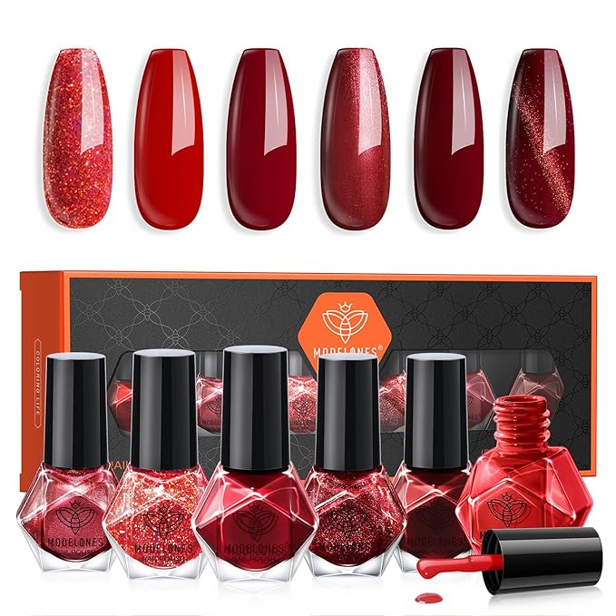 modelones Red Nail Polish Set 6 Colors, Valentine’s Day Apple Red Cat Eye Glitter Mini Quick Dry Nail Lacquer Kit, Ruby Cherry Red Magnetic Sparkle Burgundy DIY Nail Art Manicure Gift for Women Girls