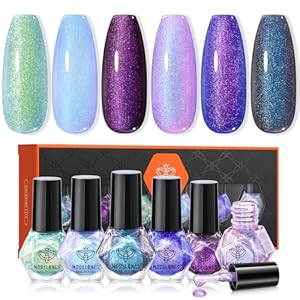modelones Chameleon Nail Polish Set 6 Colors, Green Glitter Pink Blue Purple Holographic Quick Dry Mini Nail Lacquer Kit Gray Aurora Shimmer DIY Nail Art Manicure Gift For Women Girls