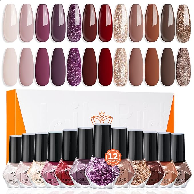 Modelones Nail Polish Set 12 Colors Burgundy Red New Year 2025 Nail Polish Set Champagne Gold Glitter Nail Polish Dark Red Purple Shimmer Brown Nail Valentines's Gifts for Women Girl DIY Salon Home