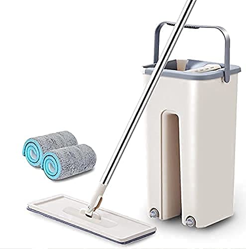 Heavy Quality Large Size Floor Mop with Bucket, Flat Squeeze Mop Bucket System Cleaning Supplies 360° Flexible Mop Head/2 Reusable Pads Home Floor Cleaner Mop