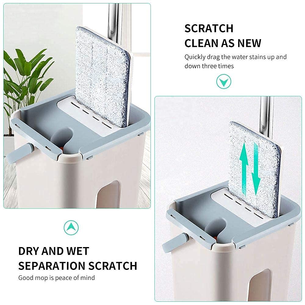 Heavy Quality Large Size Floor Mop with Bucket, Flat Squeeze Mop Bucket System Cleaning Supplies 360° Flexible Mop Head/2 Reusable Pads Home Floor Cleaner Mop
