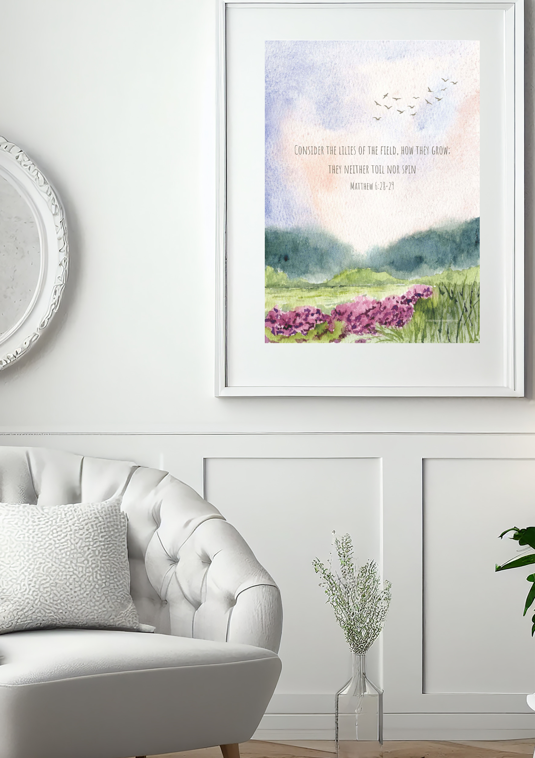 Design #46 - Matthew 6:28-29 Scripture Printable – Consider the Lilies | Soft Watercolour Faith Wall Art | Christian Gift (A6–A3+, PDF)