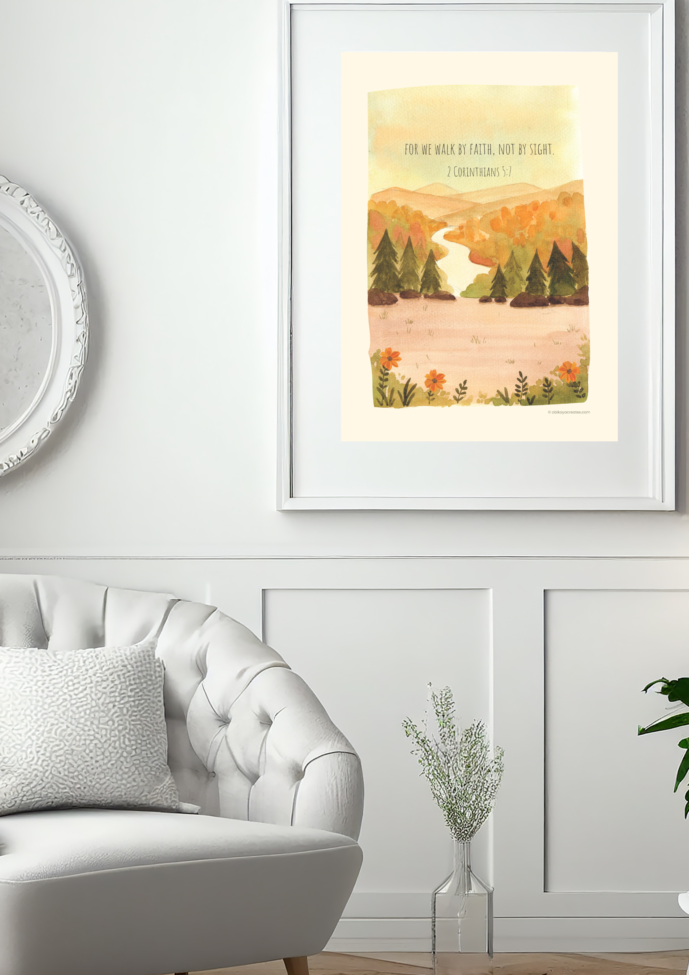Design #50 - Walk by Faith – 2 Corinthians 5:7 Scripture Printable | Watercolour Autumn Hills Christian Art | Christian Gift (A6–A3+, PDF)