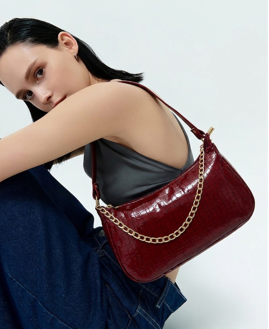 Maroon Croc Chain Shoulder Bag