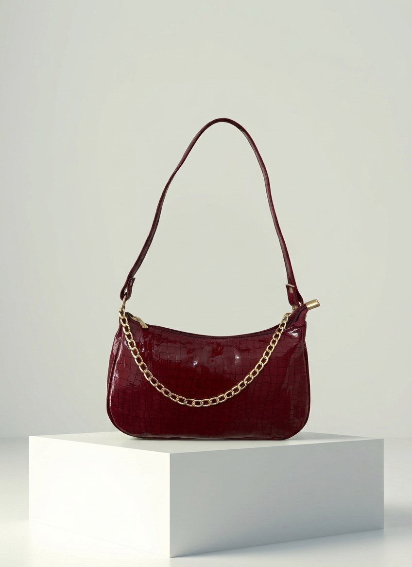 Maroon Croc Chain Shoulder Bag