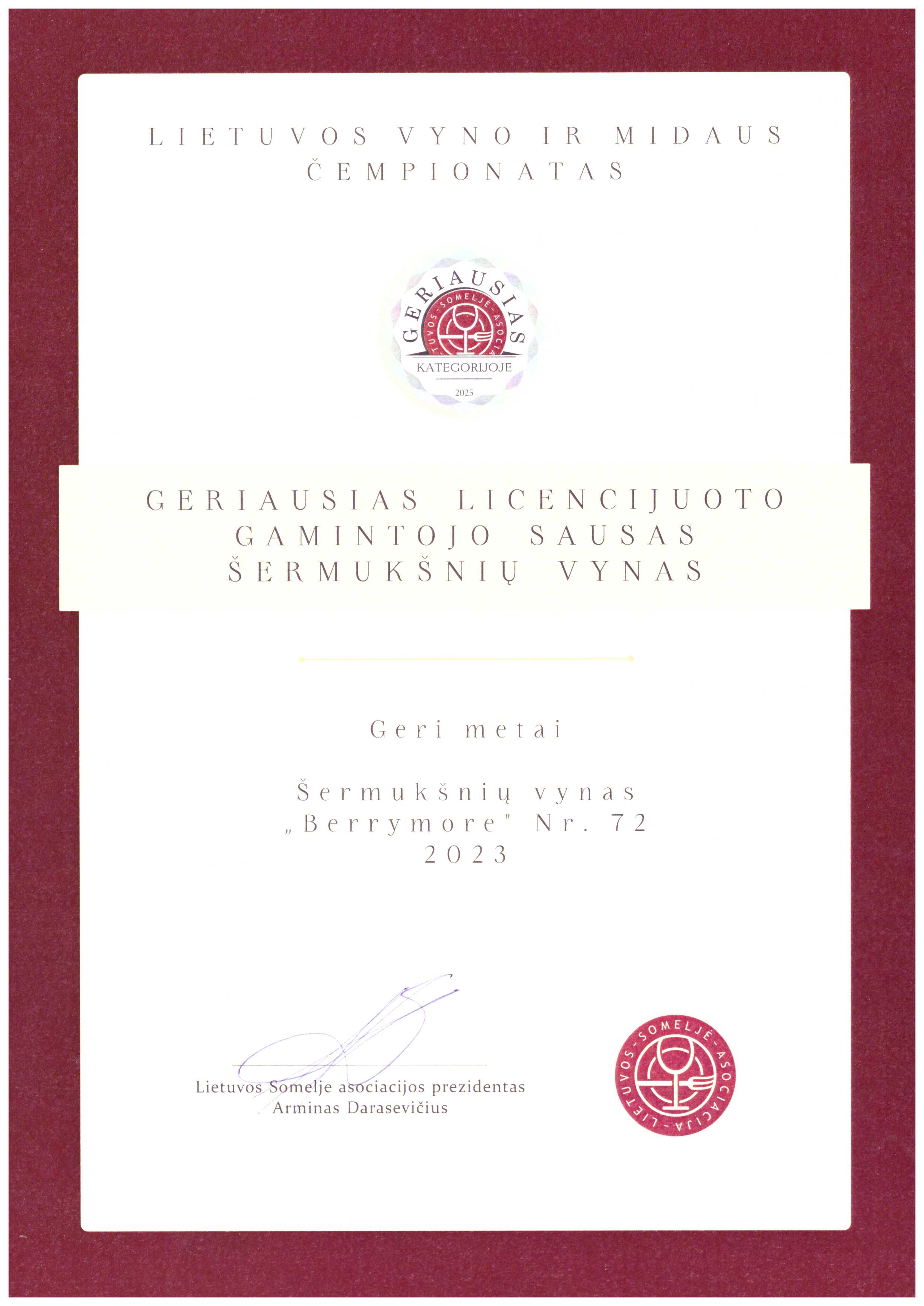 Šermukšnių vynas GERI METAI BERRYMORE skonio Nr. 72 | 2023