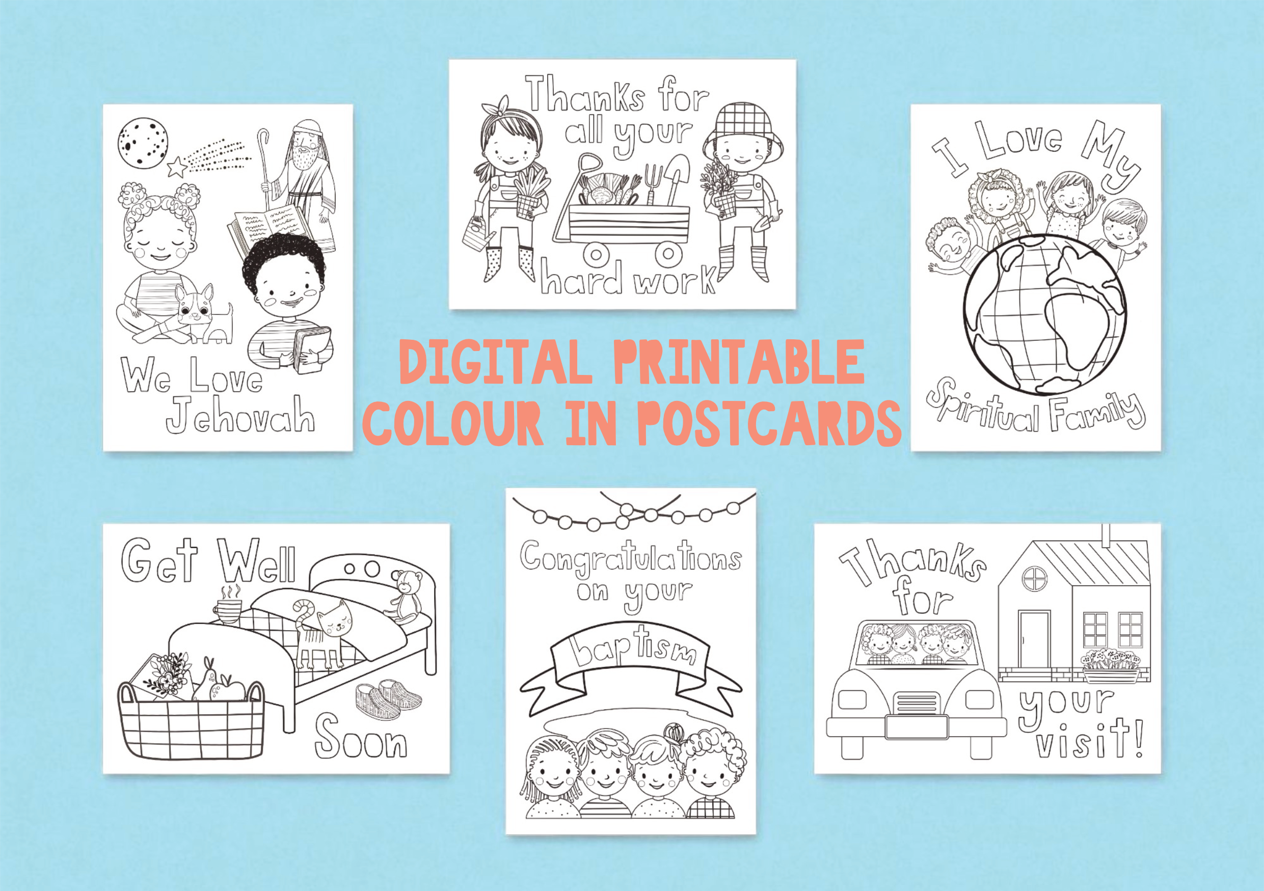 DIGITAL Set of 6 Kids Colour In Postcards