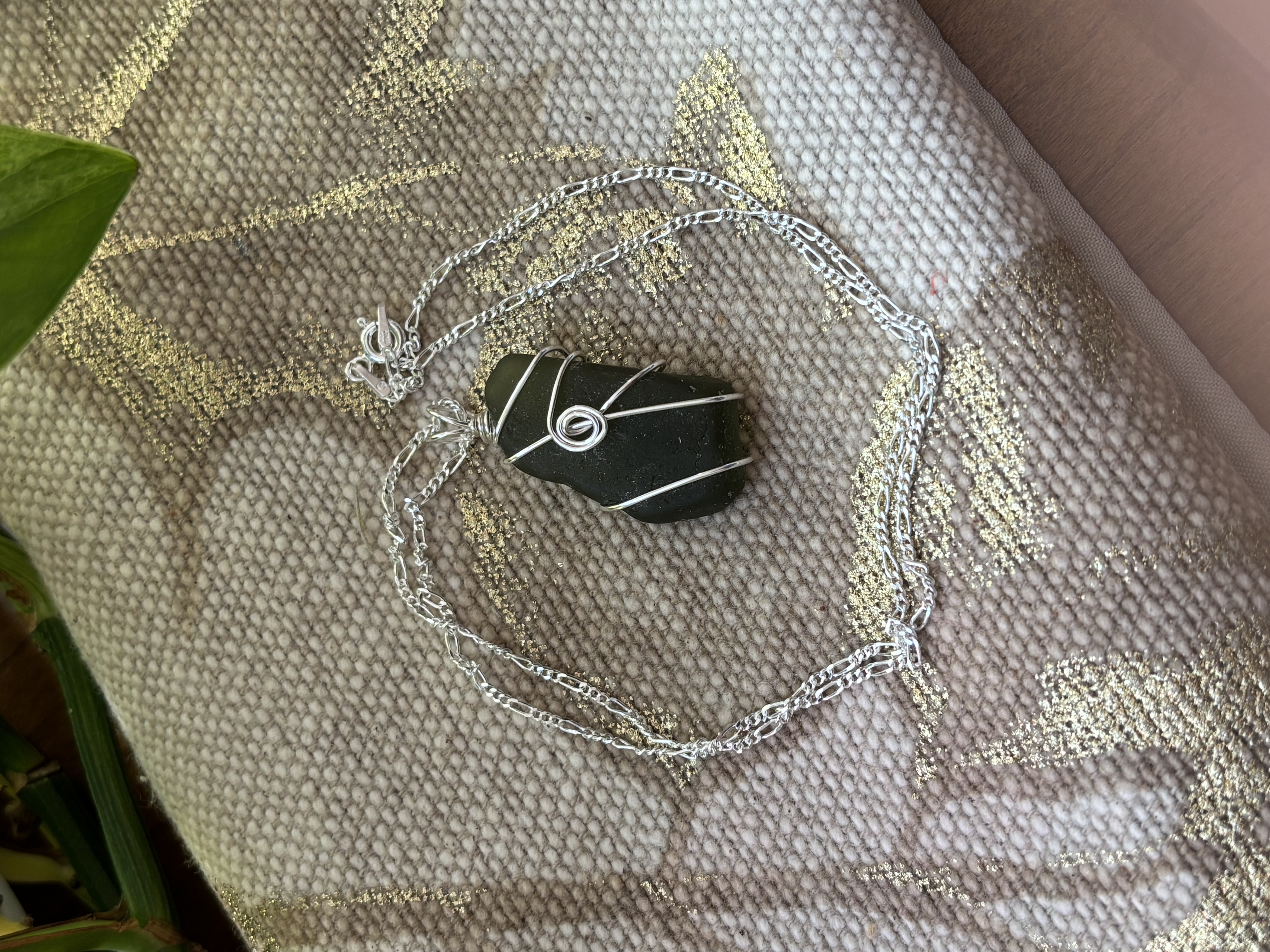 Sterling Silver Wire-Wrapped Genuine Dark Green Sea Glass Necklace